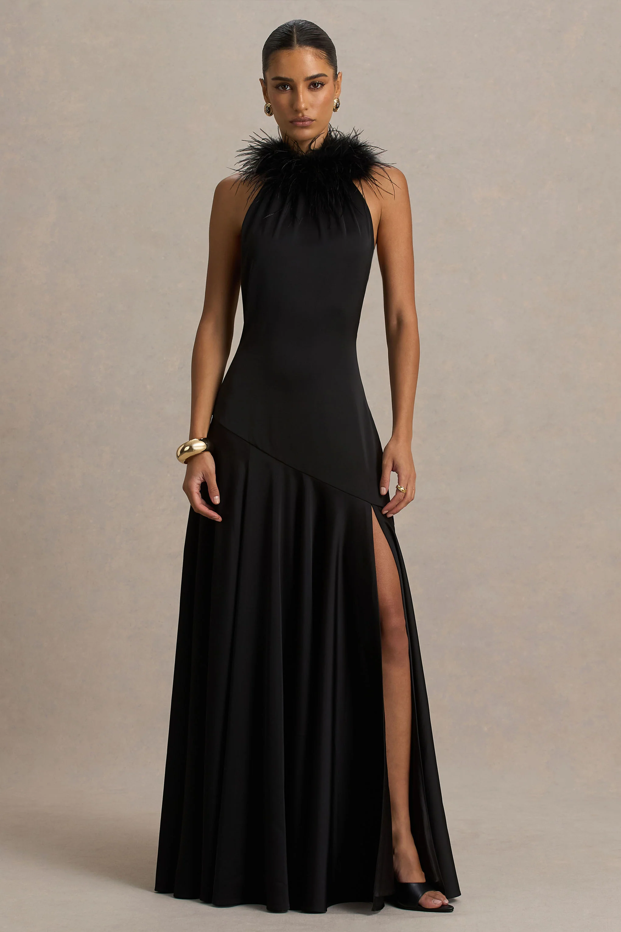 Jemima | Black Satin Halter-Neck Maxi Dress With Feather Trim