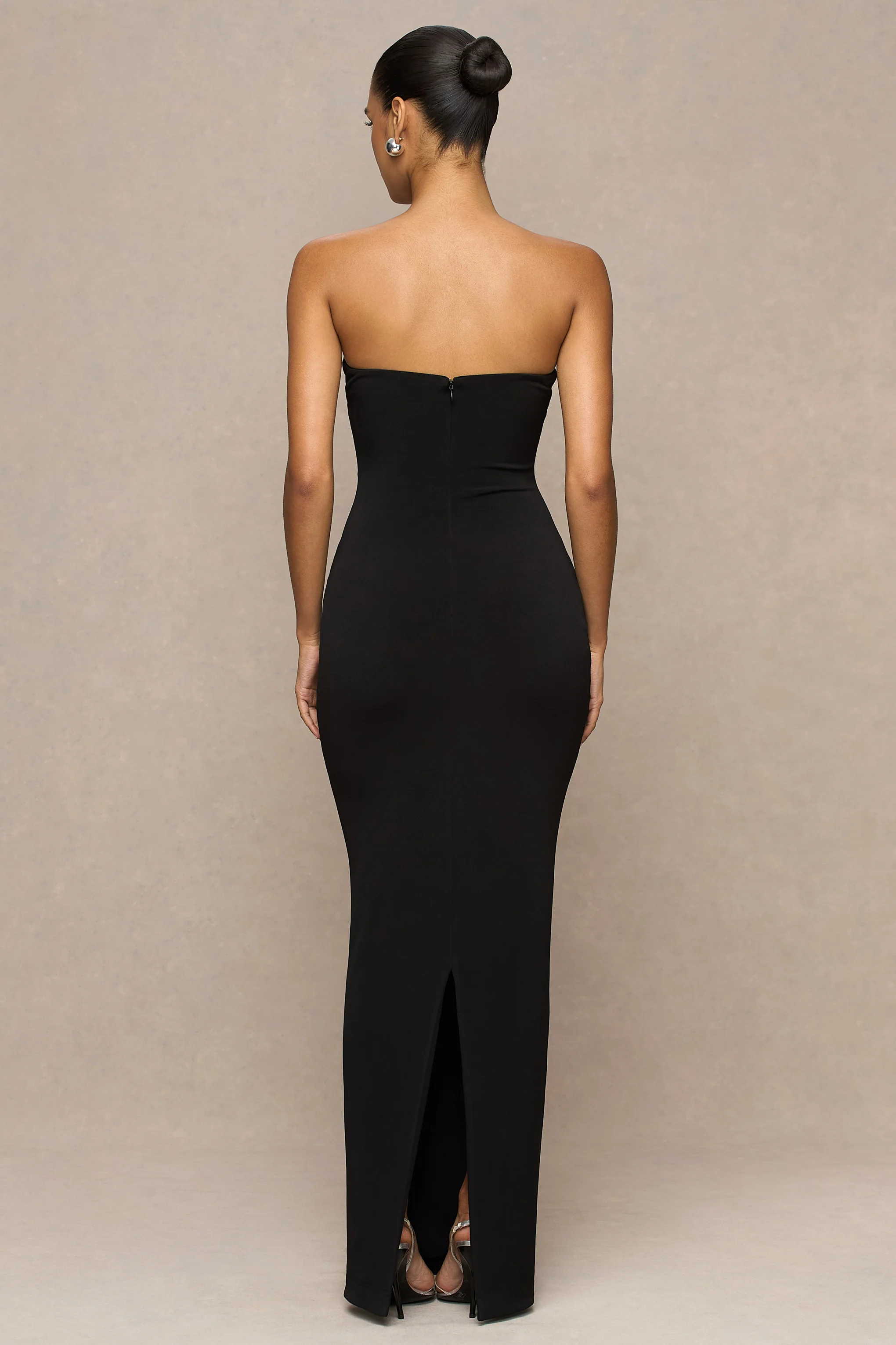Milania | Black Asymmetric-Neck Maxi Dress With Twist-Sleeve