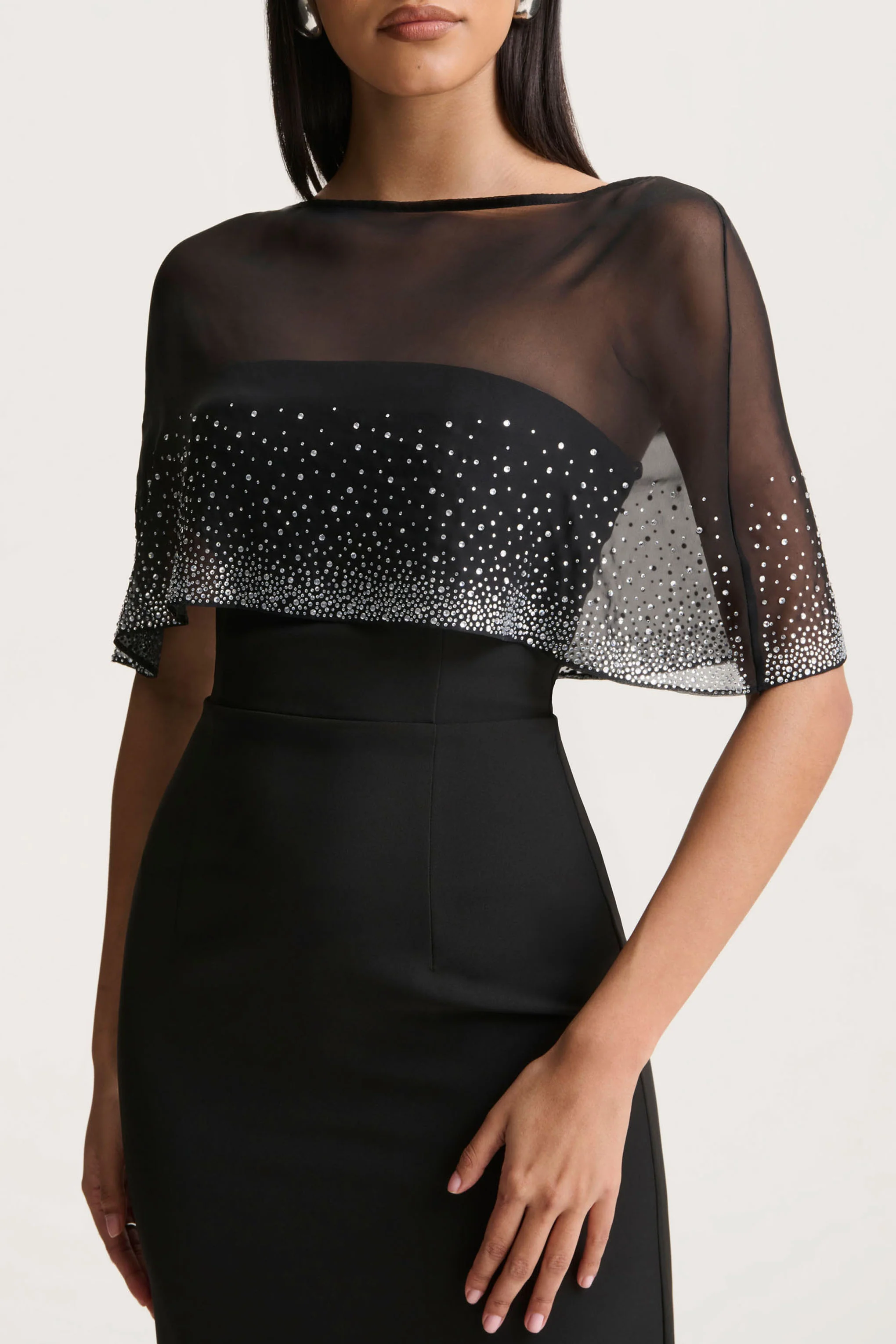 Everly | Black Hand-Embellished Cape-Sleeve Maxi Dress