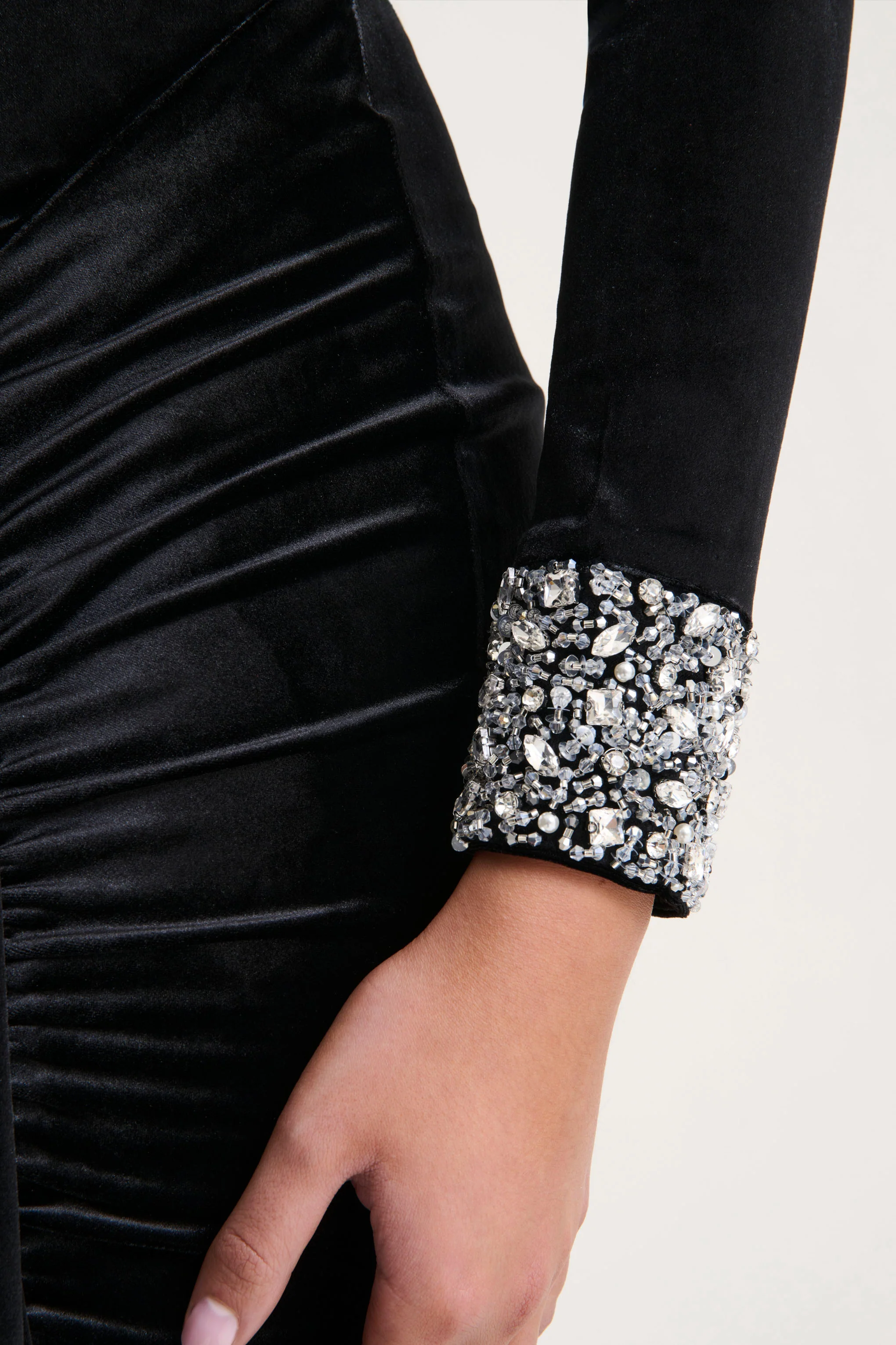 Perrin | Black Velvet Crew-Neck Maxi Dress With Embellished Cuffs