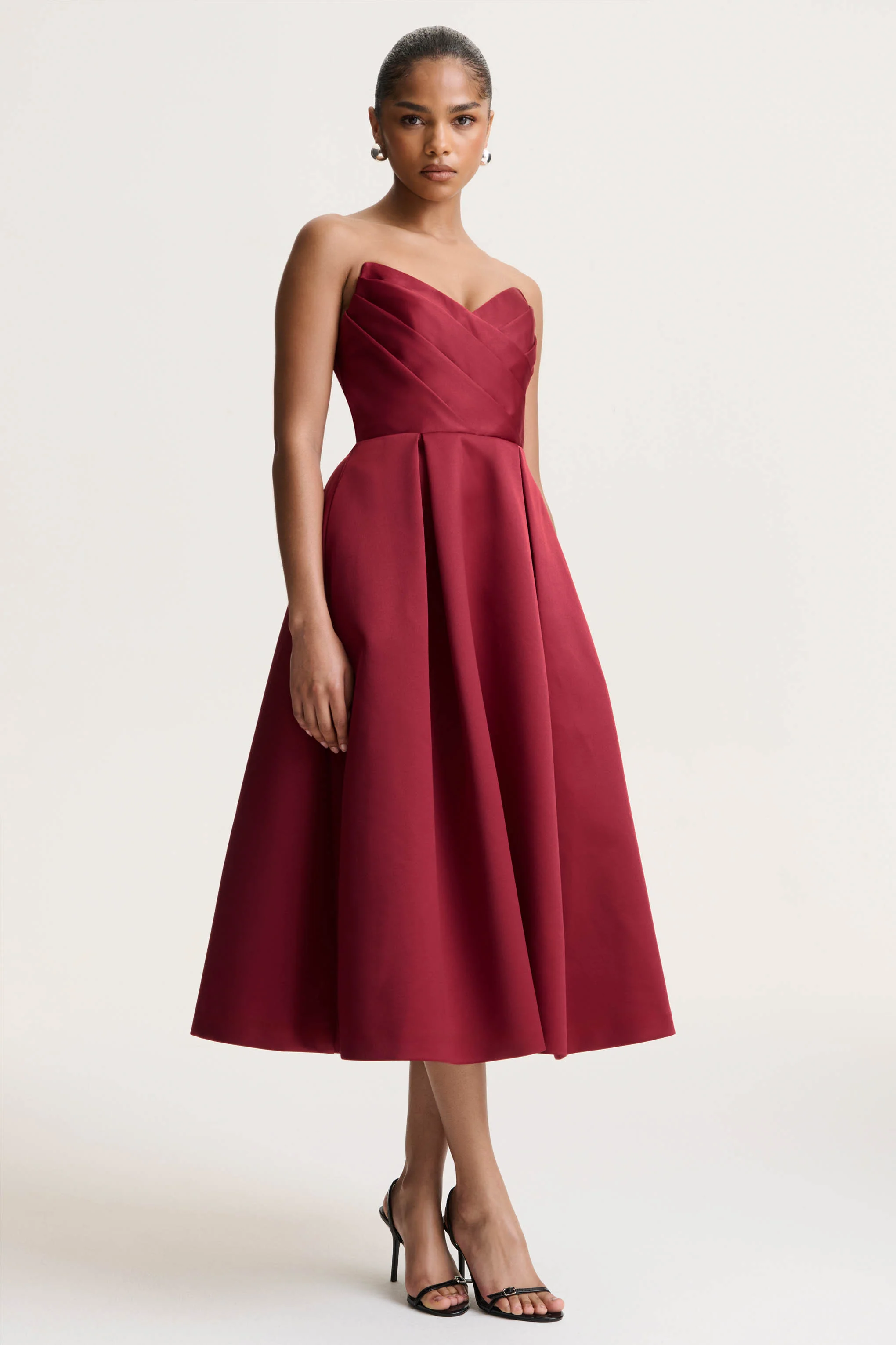 Promises | Red Satin Sweetheart-Neck Midi Dress