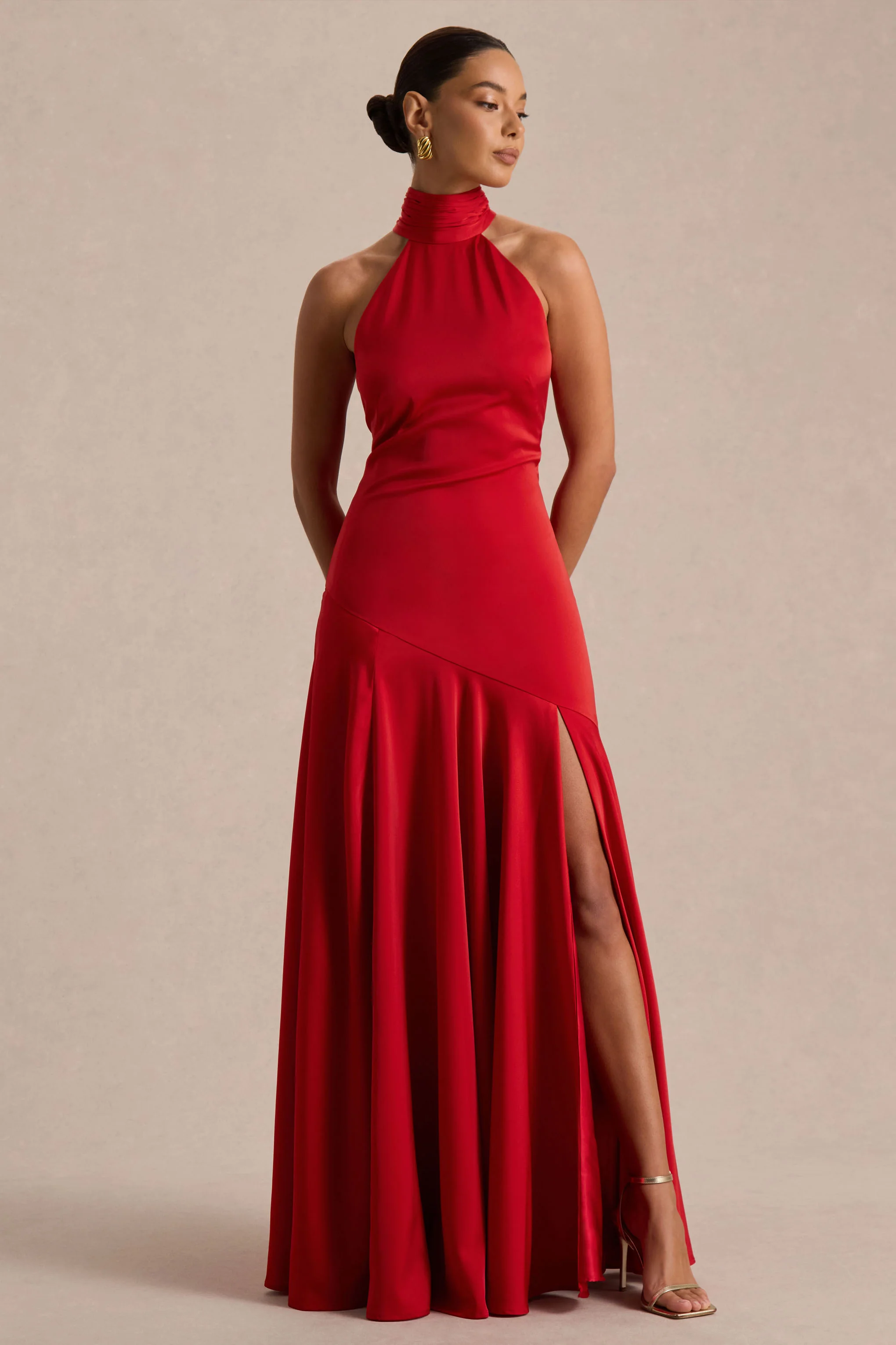 Luscious | Red High-Neck Maxi Dress With Drop-Waist And Bow Detail