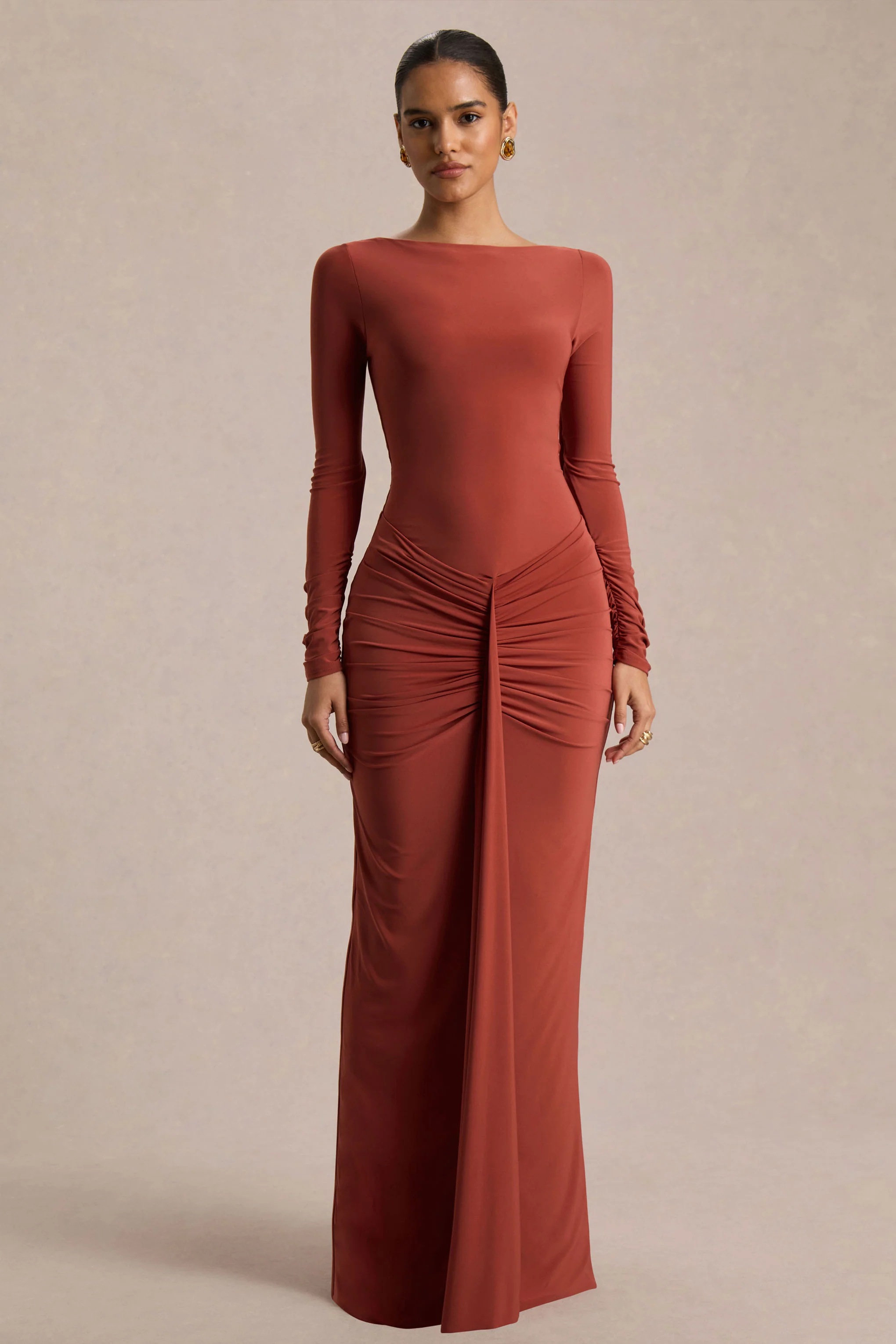 Matilda | Rust Boat-Neck Maxi Dress With Ruched Detailing