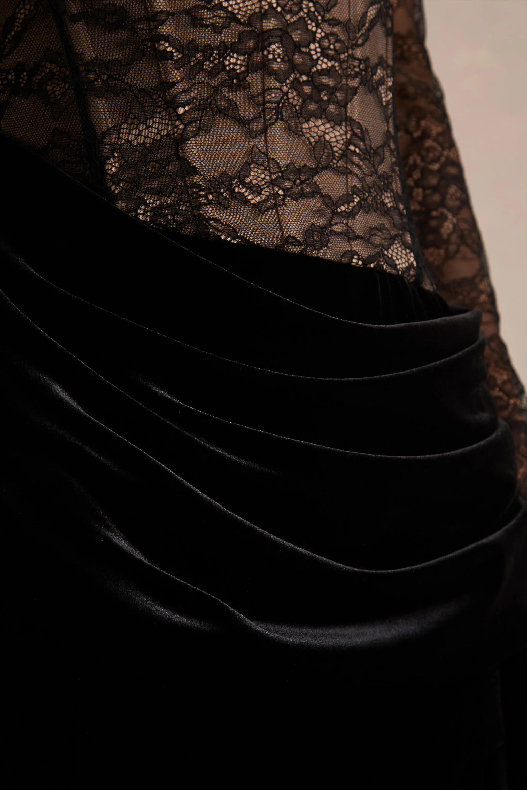 Finesse | Black Lace And Velvet Square-Neck Maxi Dress With Draped Skirt