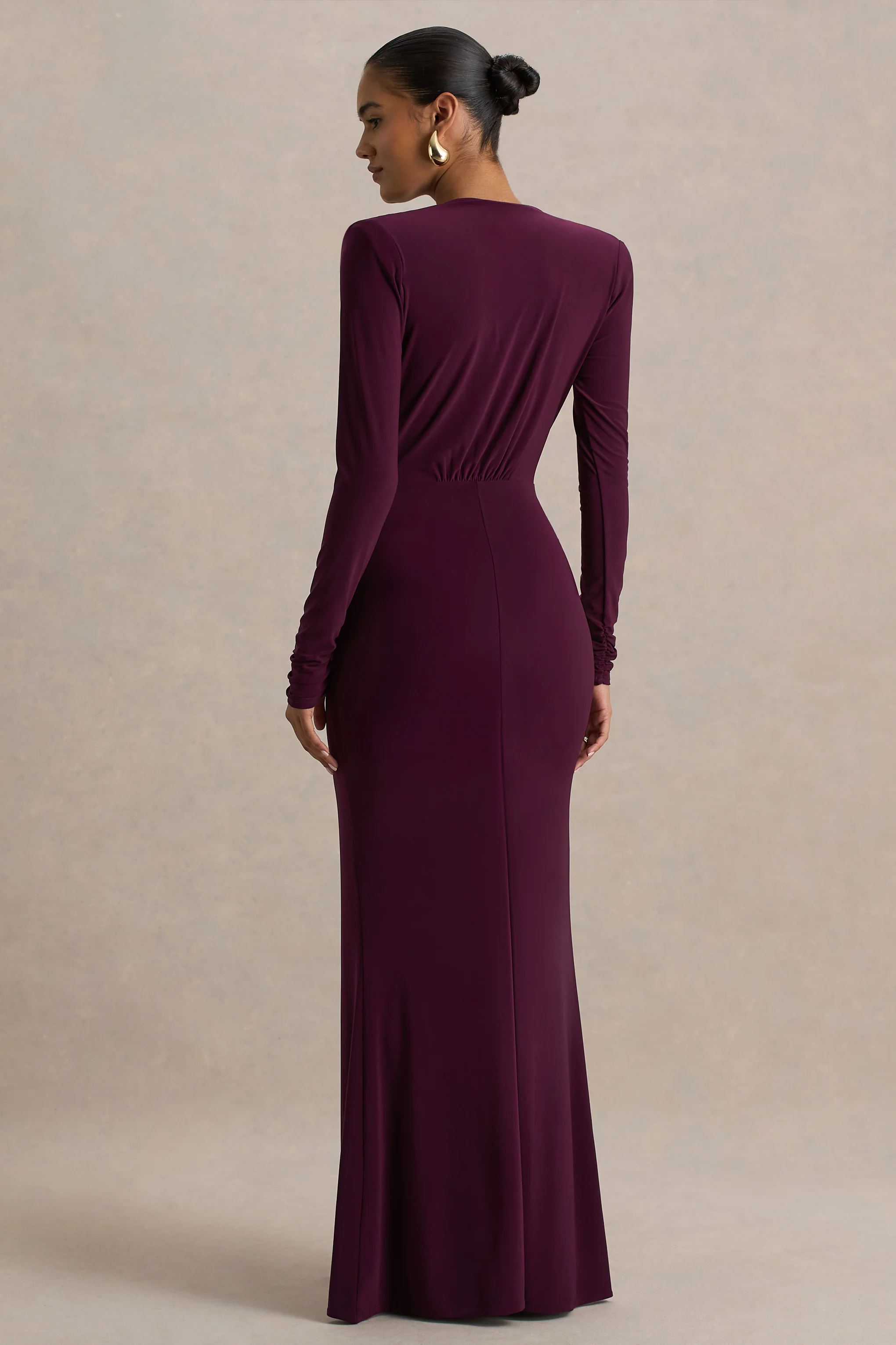 Flashy | Burgundy Plunge-Neck Maxi Dress With Ruched Detailing