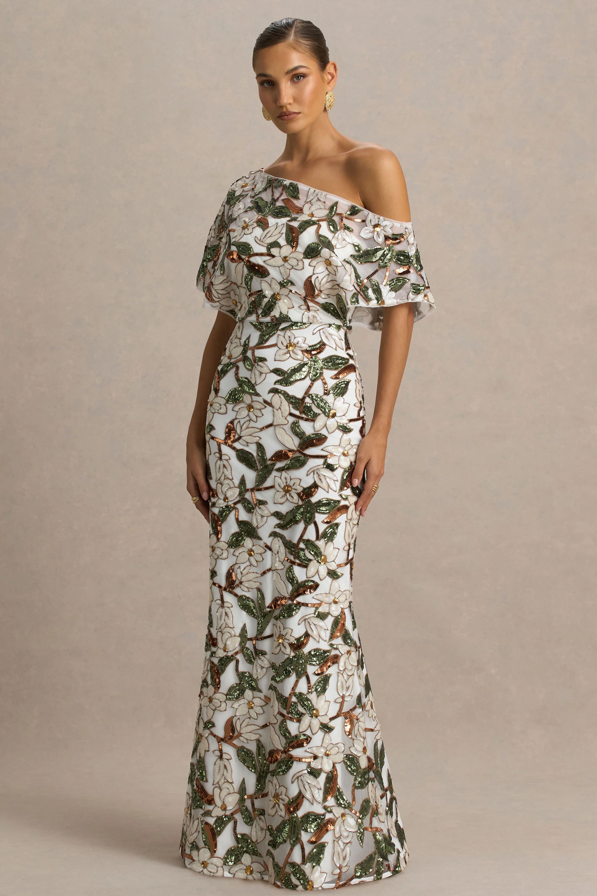 Iony | White And Green Embellished Sequin Floral And Mesh Asymmetric-Neck Maxi Dress