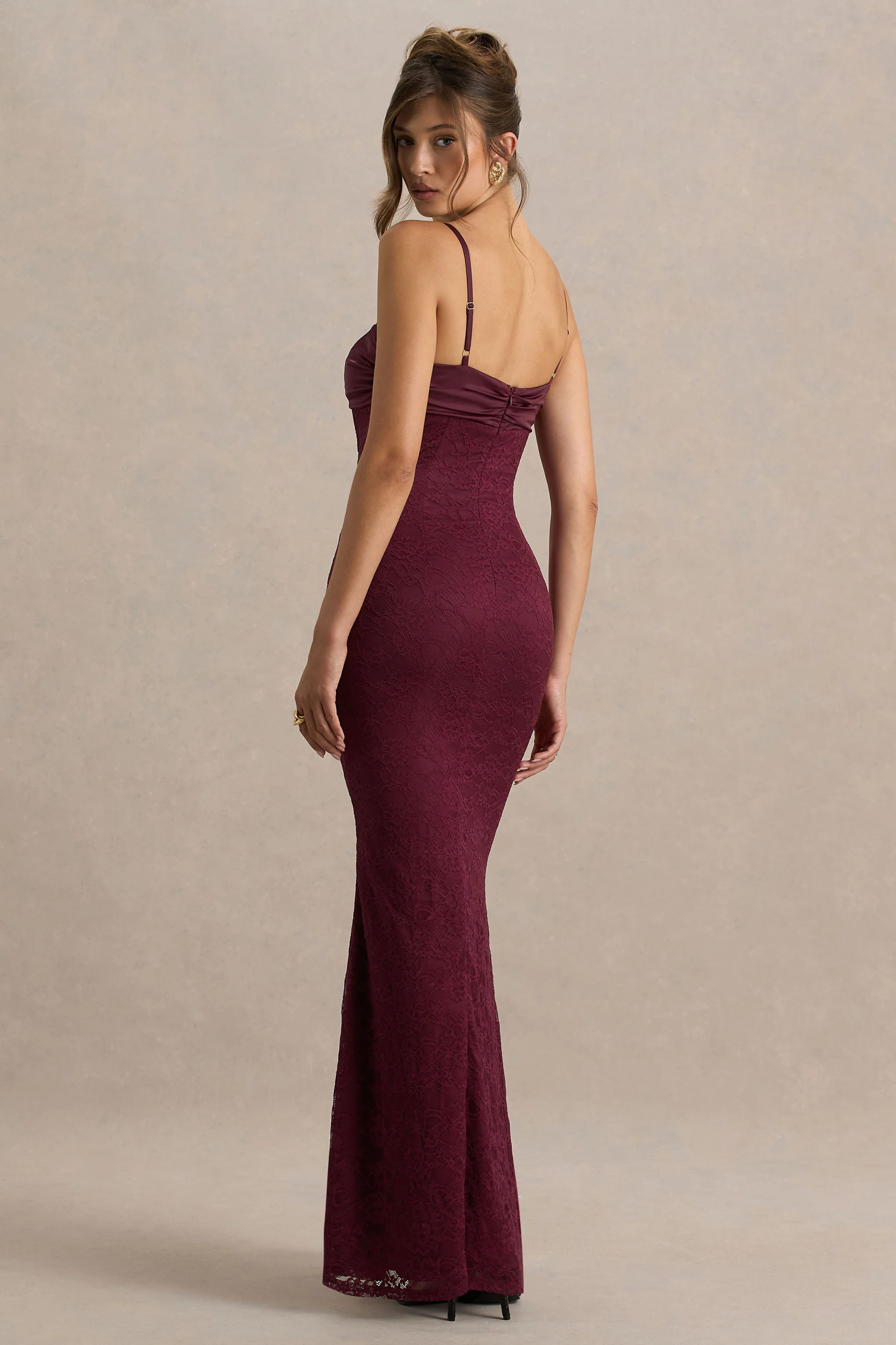 Juana | Burgundy Lace And Satin Sweetheart-Neck Satin Maxi Dress