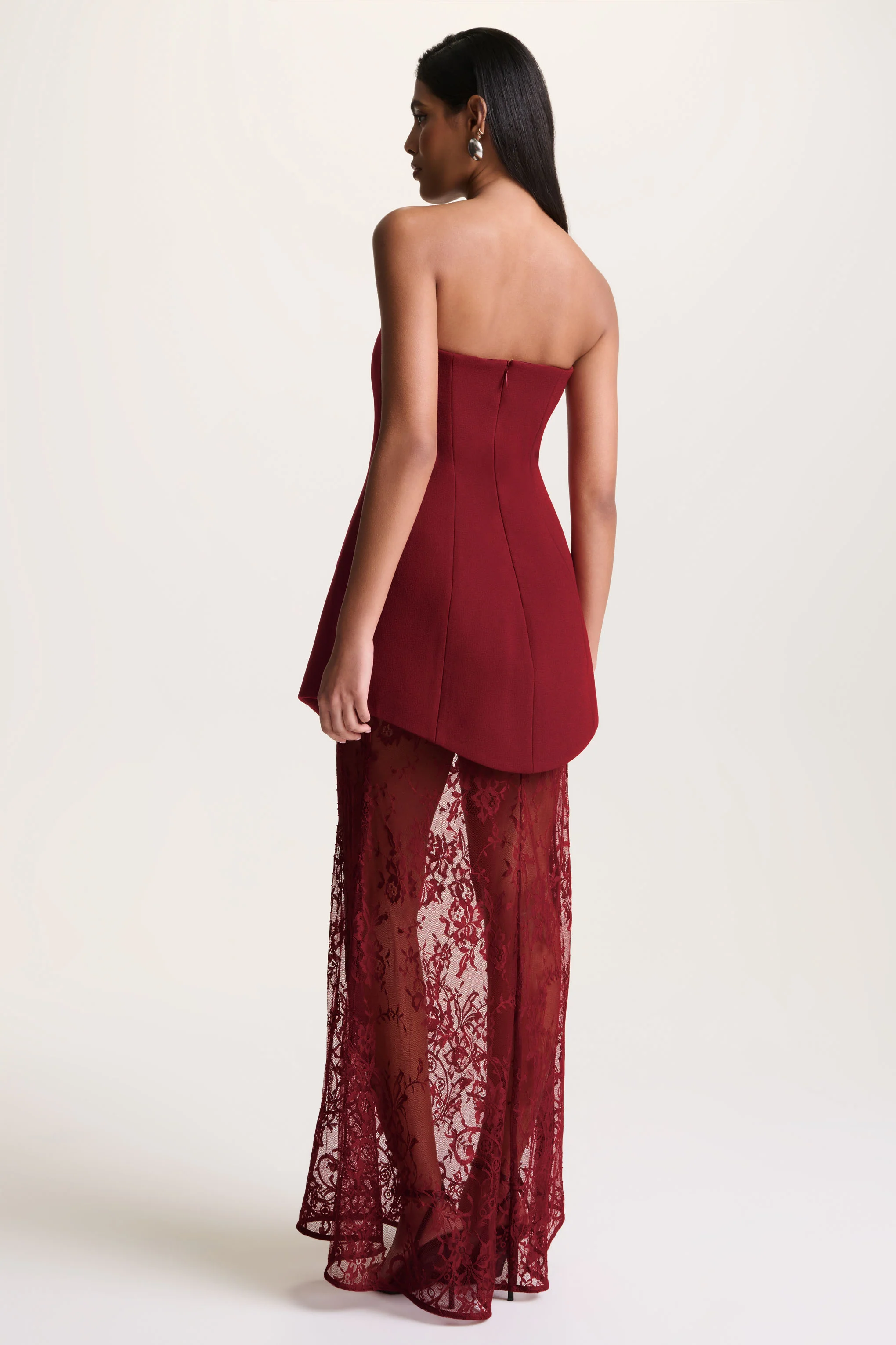Brandi | Burgundy Bandeau Maxi Dress With Lace Skirt
