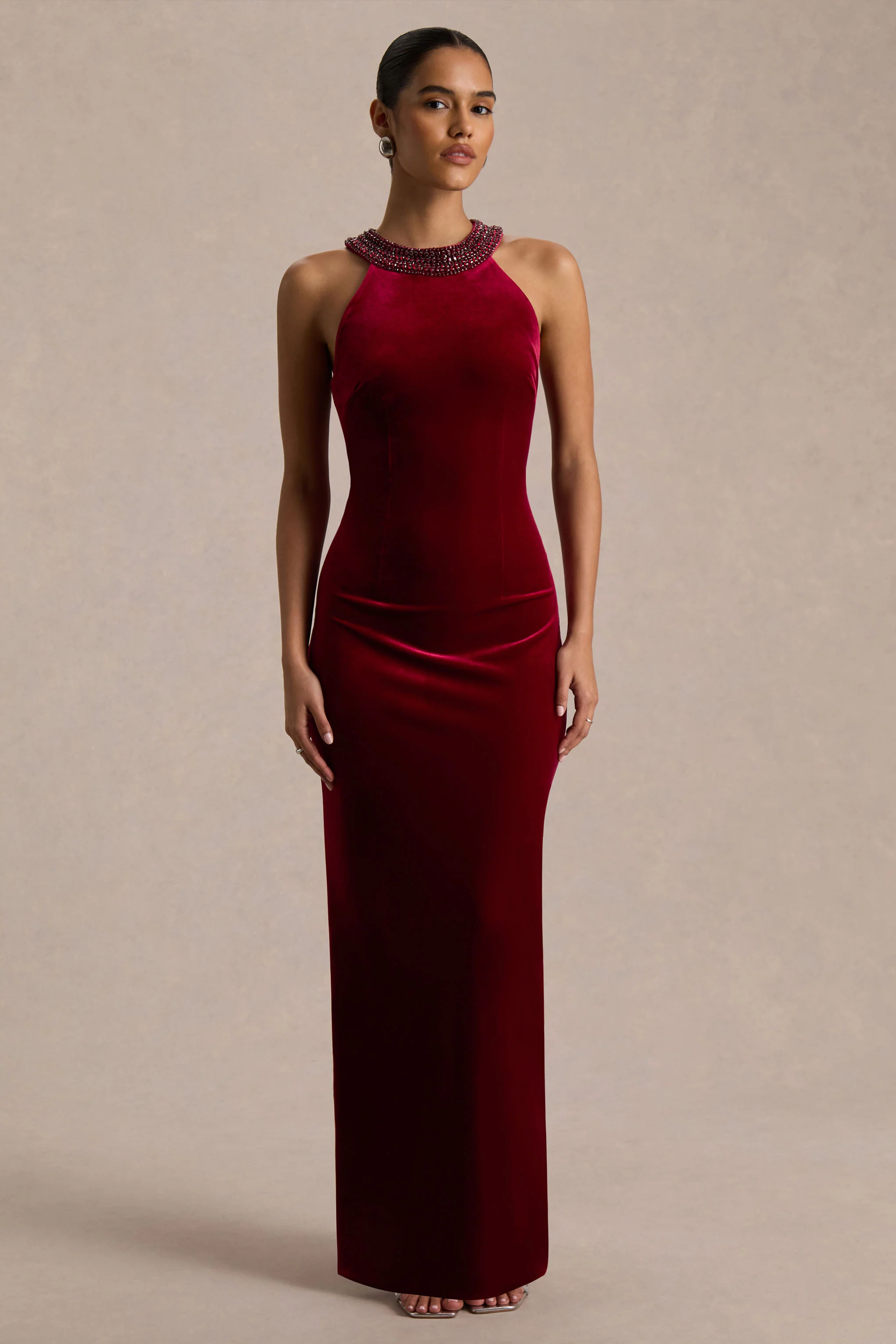 Darya | Burgundy Velvet Embellished High-Neck Maxi Dress