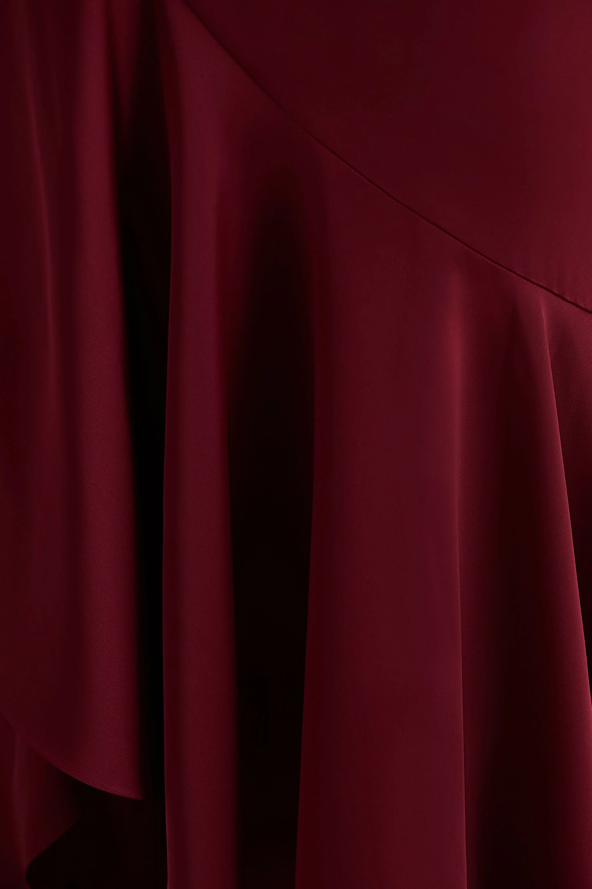 Rosy | Burgundy Satin Boat-Neck Maxi Dress With Front Split And Ruffled Detailing