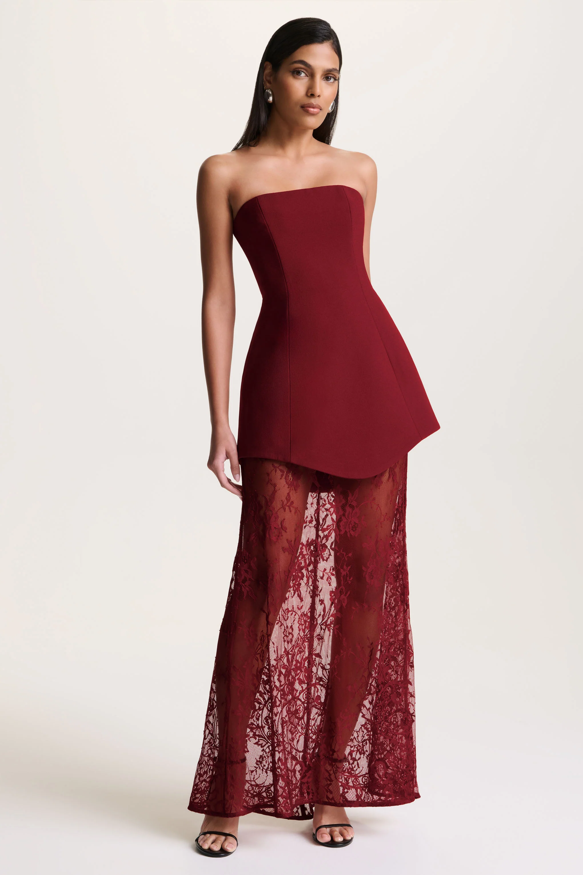 Brandi | Burgundy Bandeau Maxi Dress With Lace Skirt