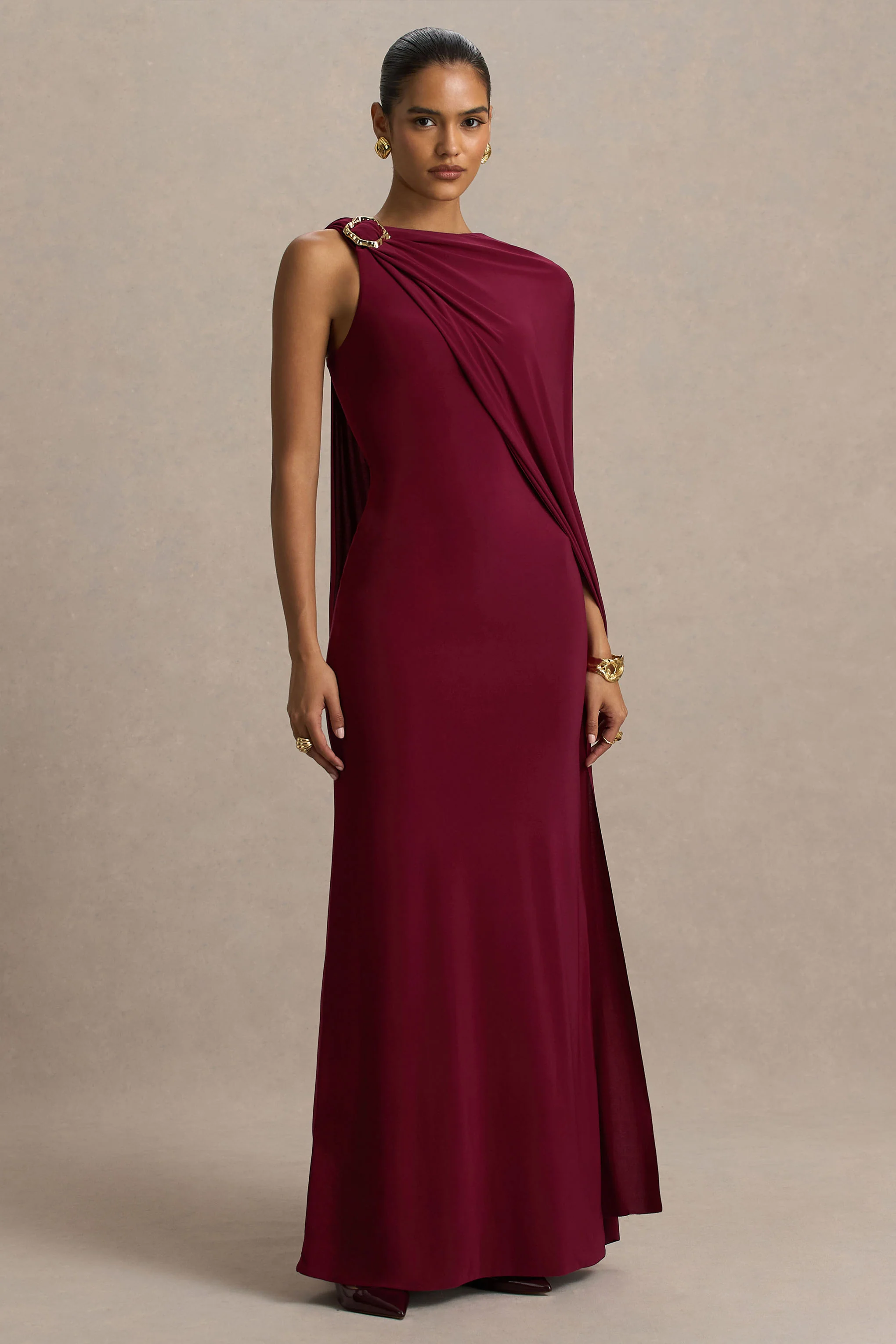 Cressida | Burgundy Asymmetric-Neck Maxi Dress With Cape And Gold Detail