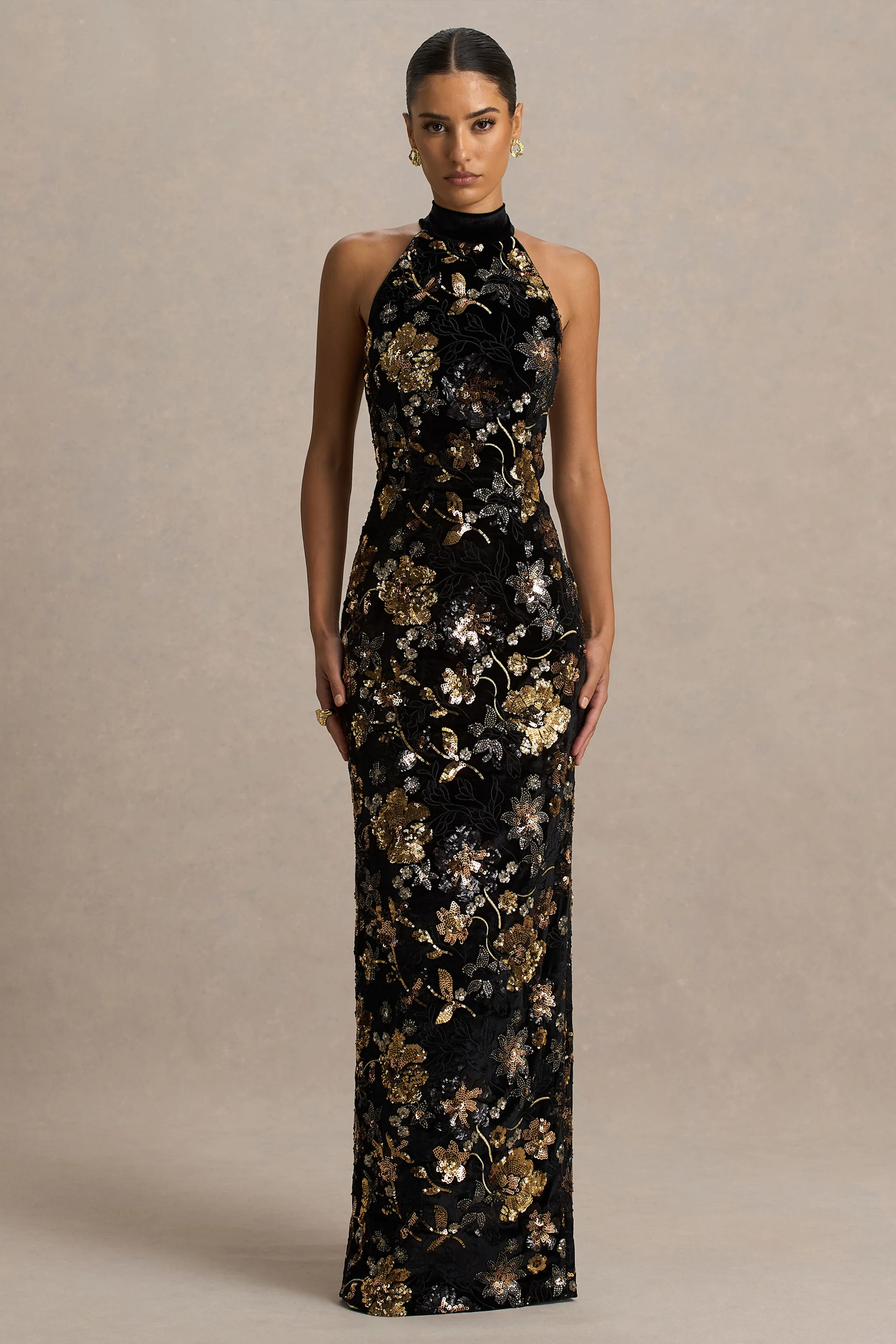 Tate | Black Velvet Halter-Neck Maxi Dress With Bronze Floral Sequin Embellishments