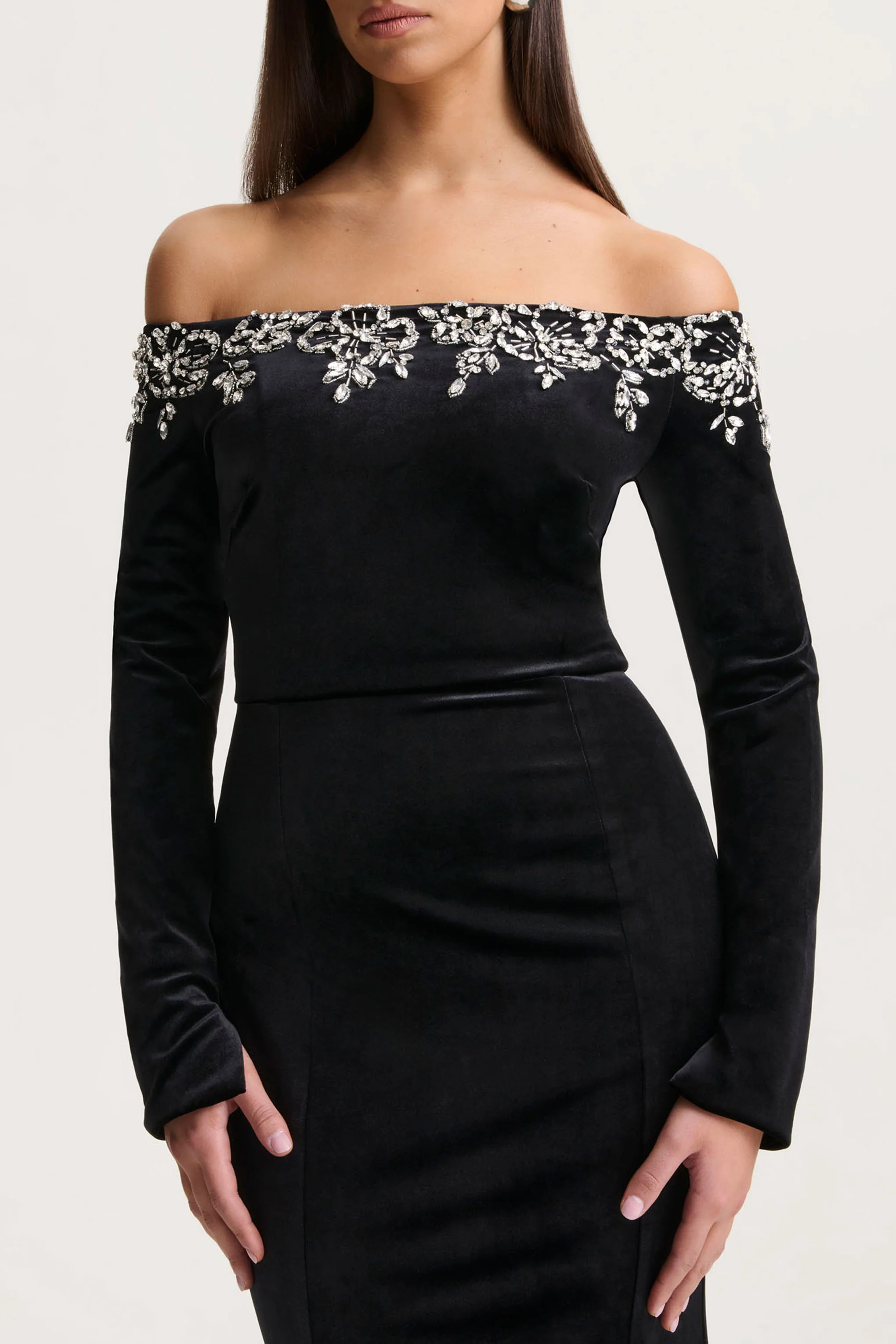 Fern | Black Velvet Embellished Bardot-Neck Maxi Dress