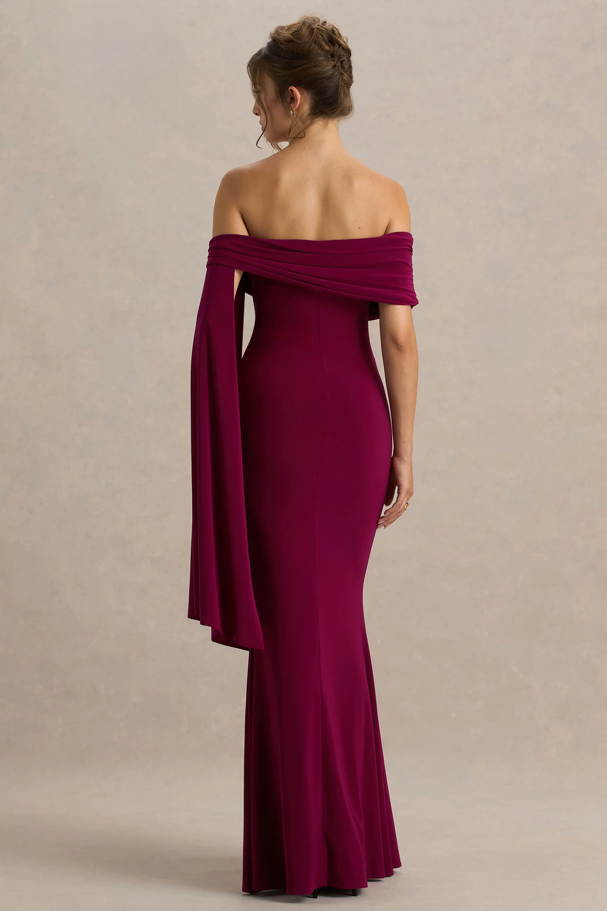 Saffina | Burgundy Bardot-Neck Maxi Dress With Sash Detail