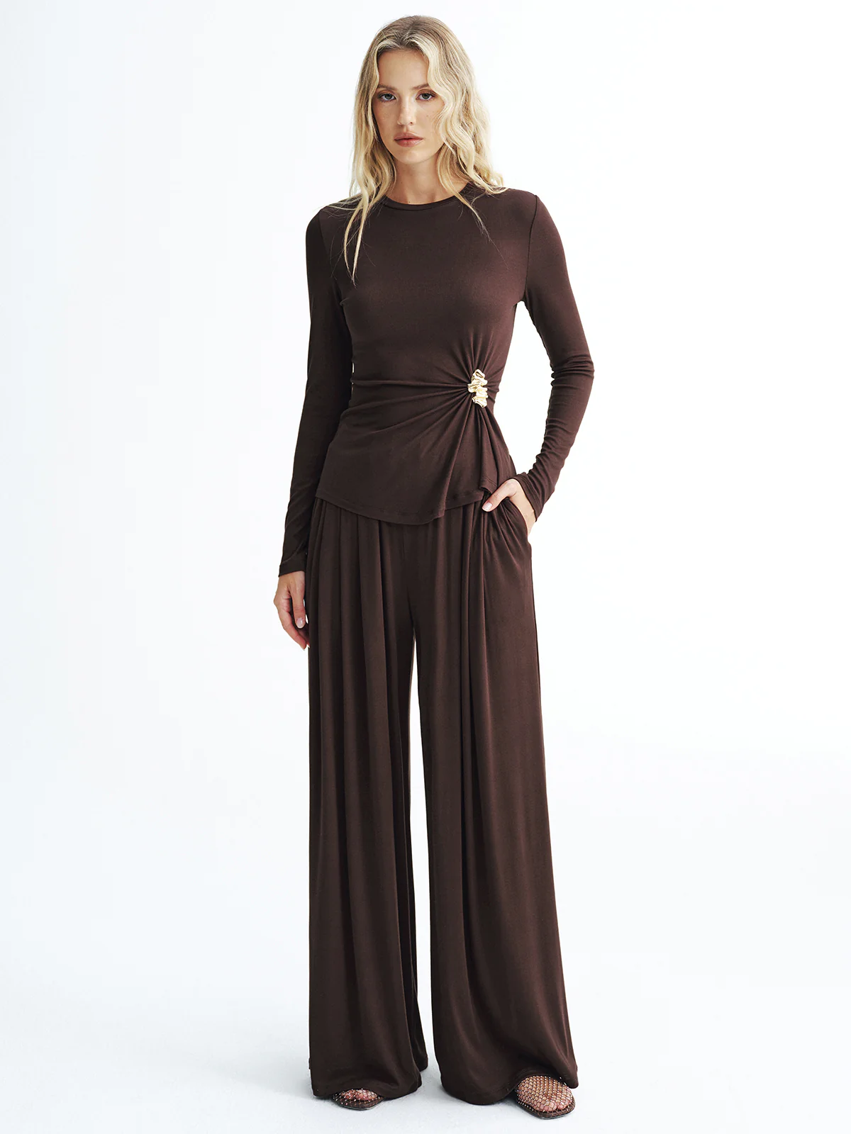 Metal Detail Top and Wide-Leg Pants Set