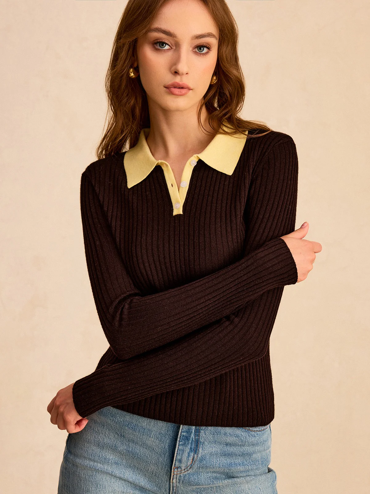 Contrast Collar Wool Blend Polo Knit Top
