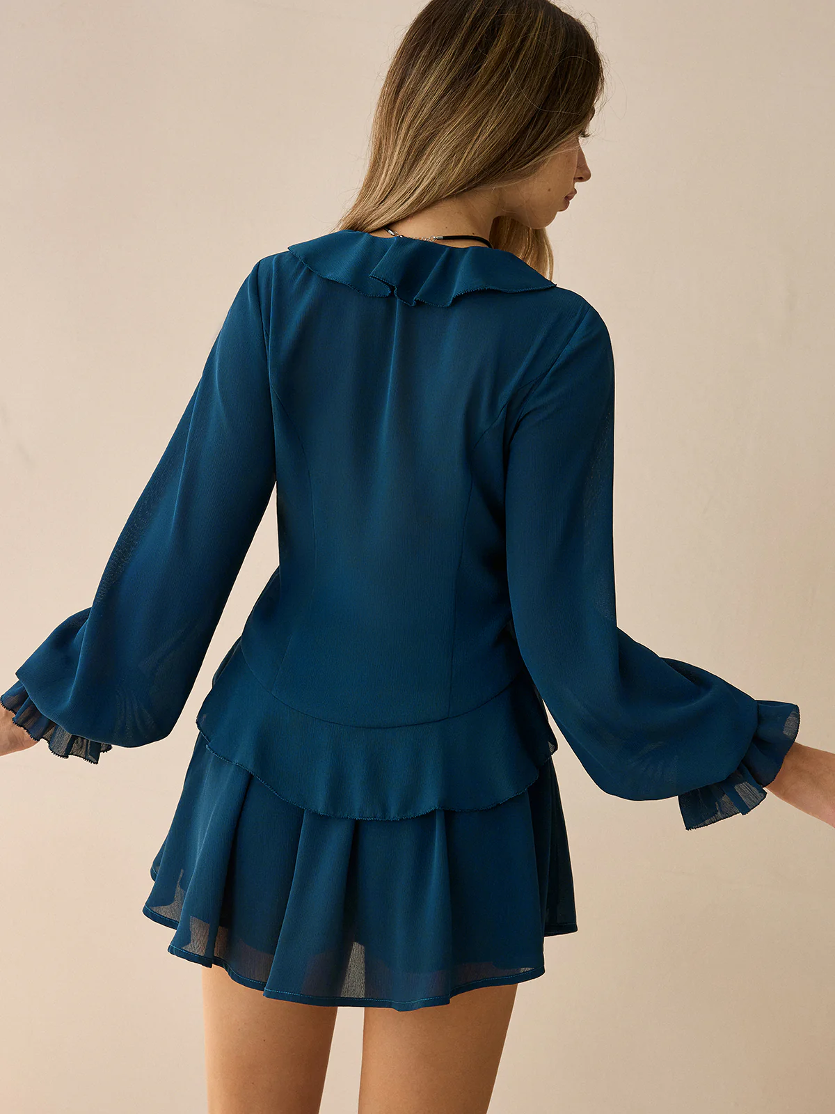 Chiffon Ruffled Long-Sleeve Top and Shorts Set