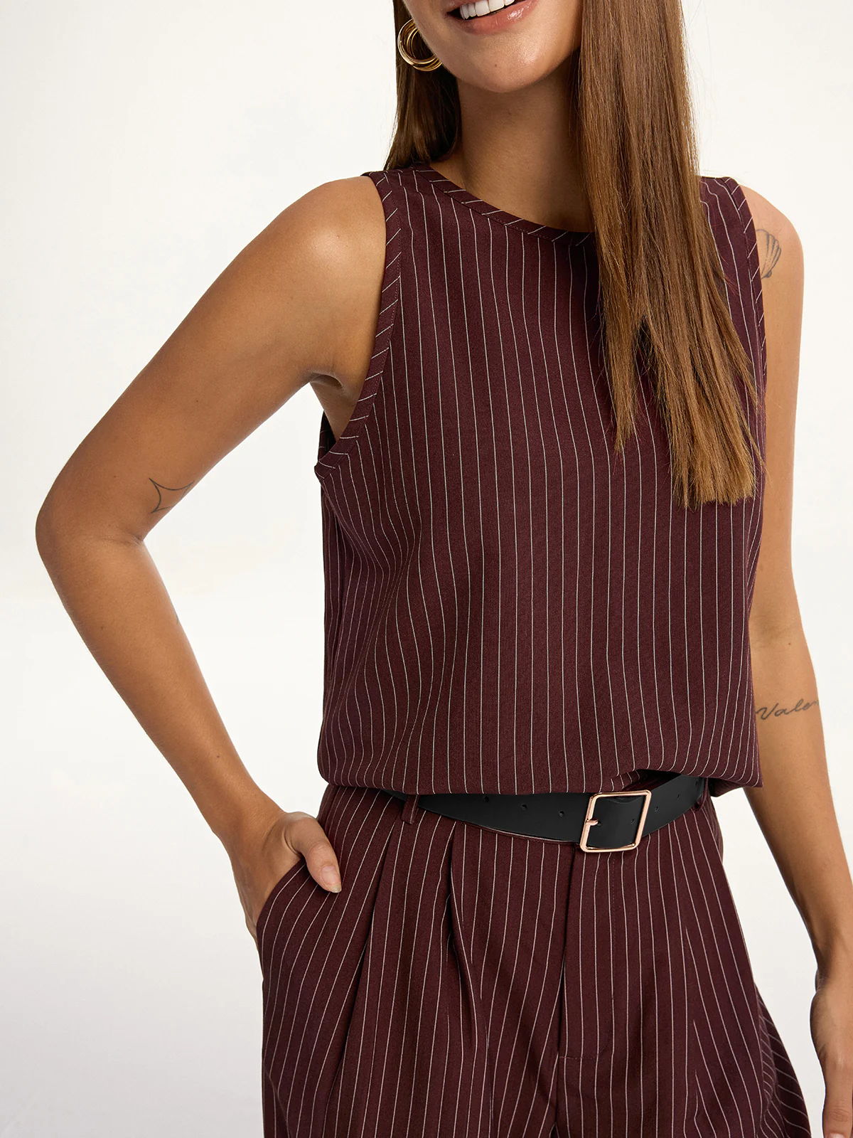 Pinstripe Sleeveless Top and Pants Set with Belt