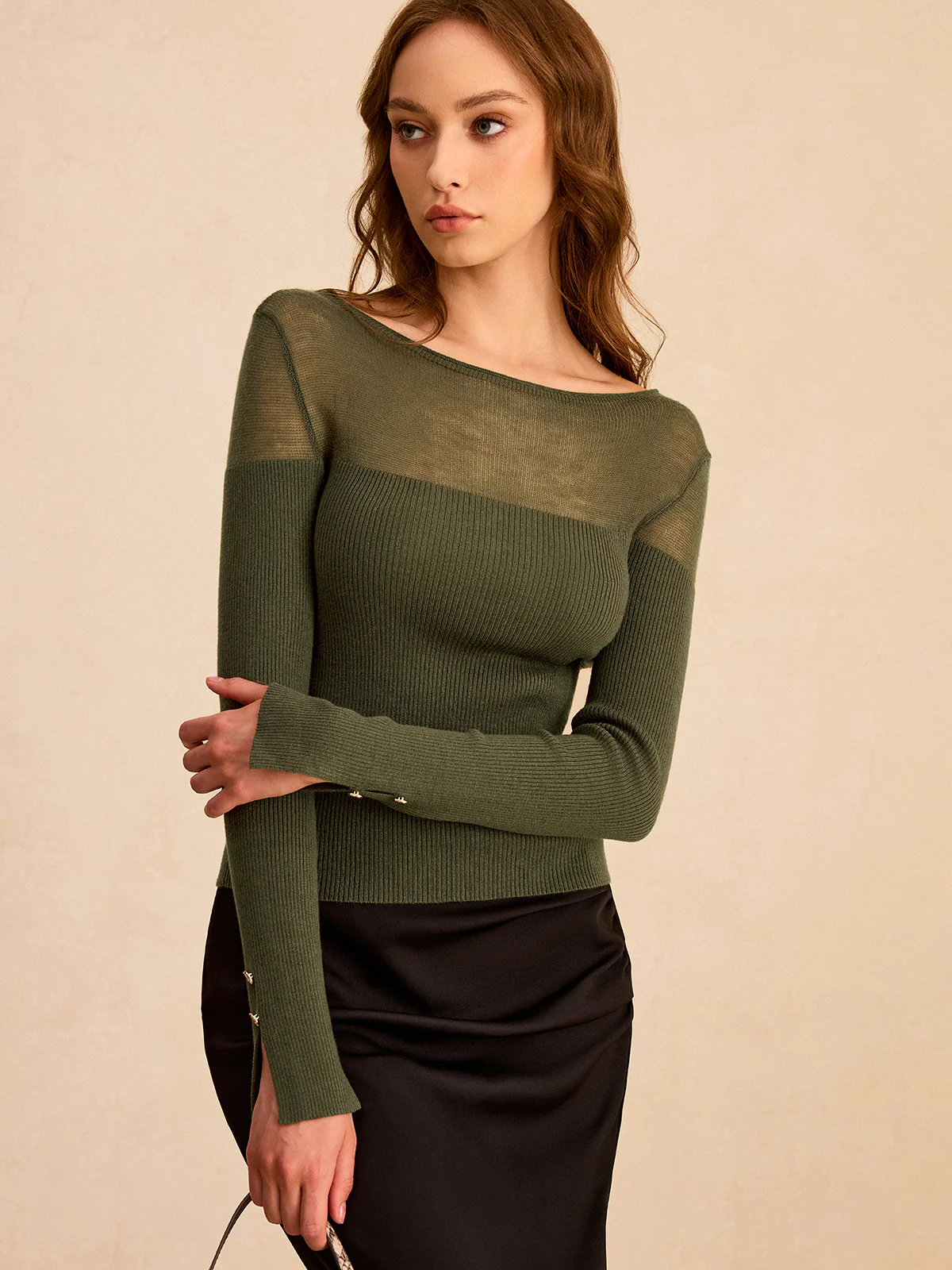 Sheer-Paneled Boat Neck Knit Top