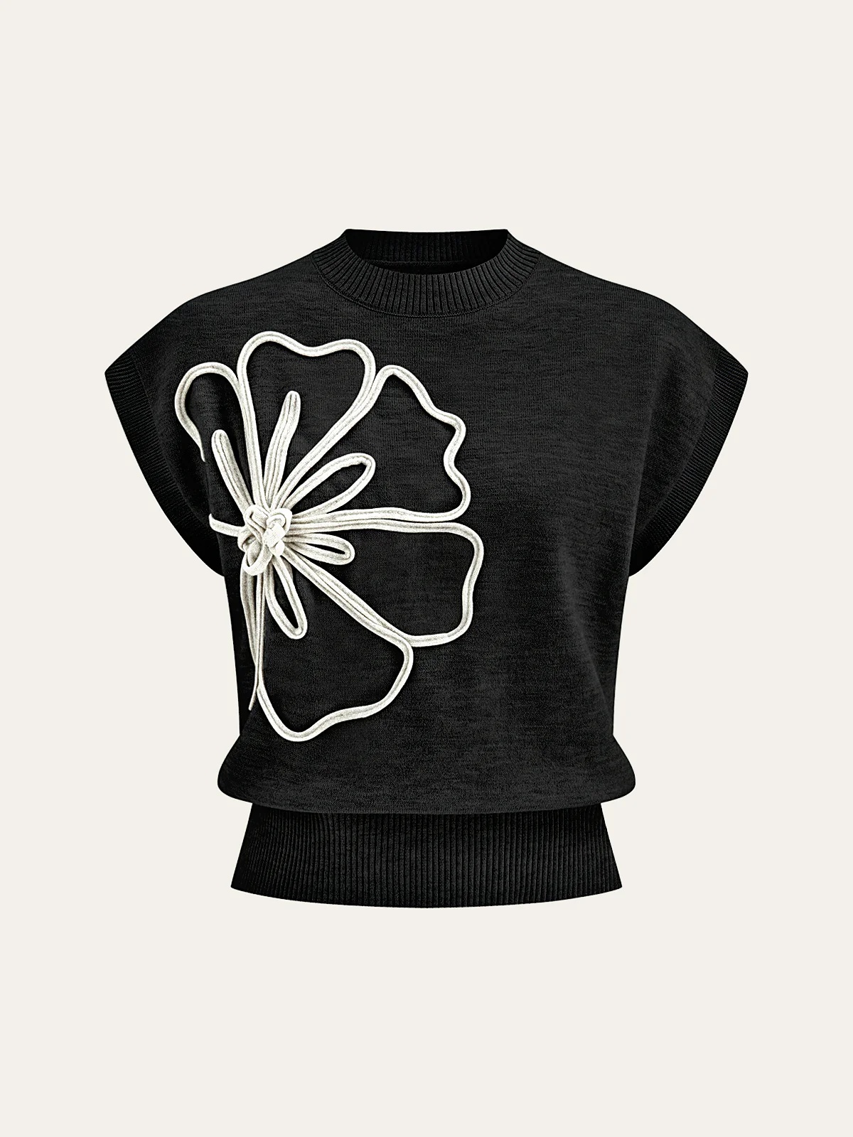 Flower Applique Cap Sleeve Knit Top