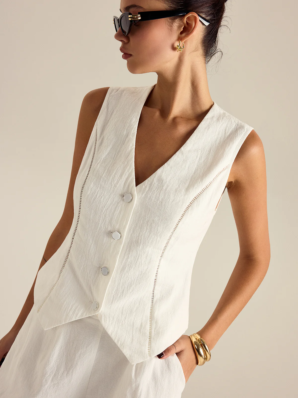 Cotton Button Detail Vest Top With Pockets Shorts Set