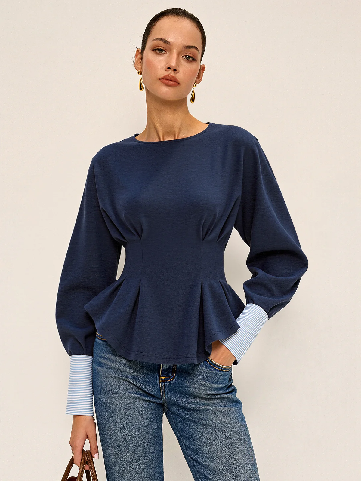 Round Neck Balloon Sleeve Peplum Sweatshirt