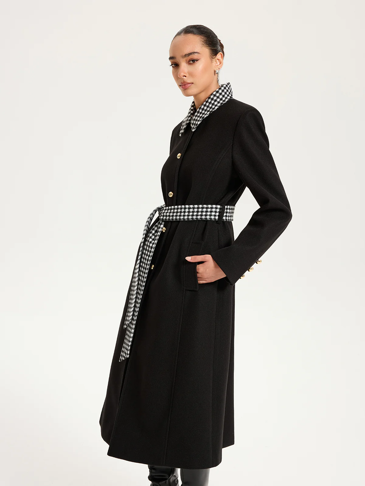 Belted Houndstooth Collar Long Coat
