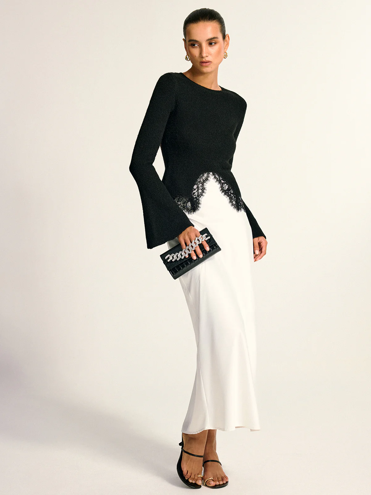 Lace Hem Bell Sleeve Wool Blend Knit Top