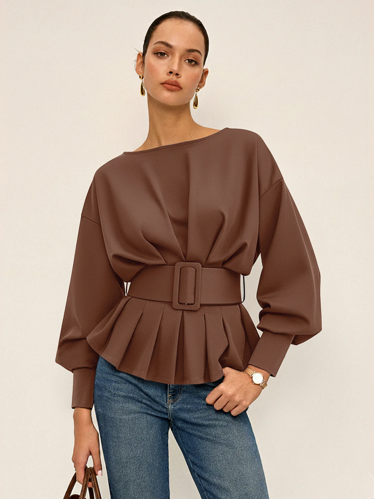 Boat Neck Peplum Sweatshirt with Wide Belt