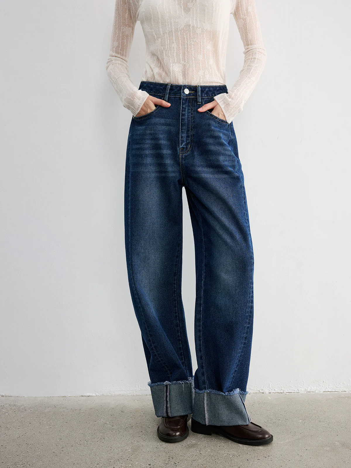 Frayed Cuffed Denim Wide-Leg Jeans