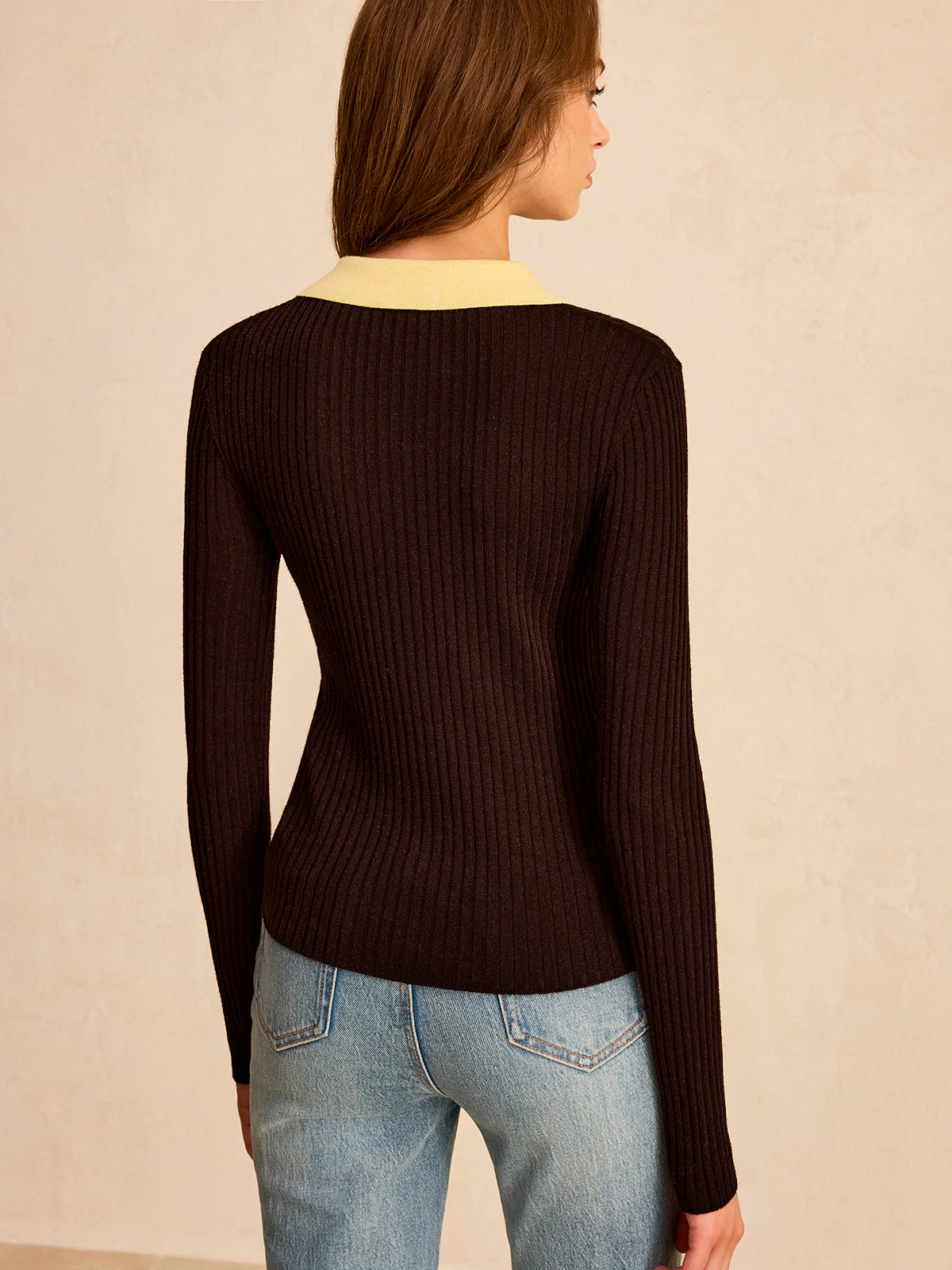 Contrast Collar Wool Blend Polo Knit Top
