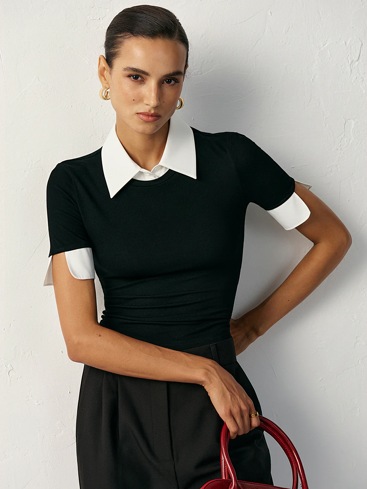 2 in 1 Paneled Collar And Cuffs Fitted T-Shirt