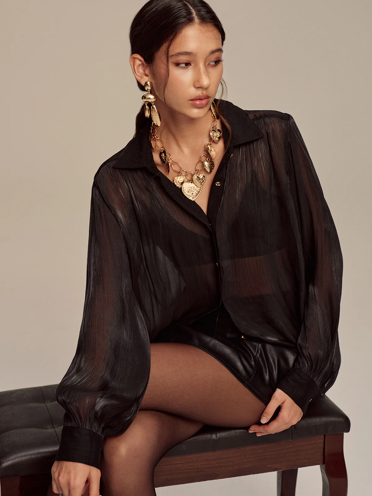 Sheer Chiffon Textured Metal Button Shirt