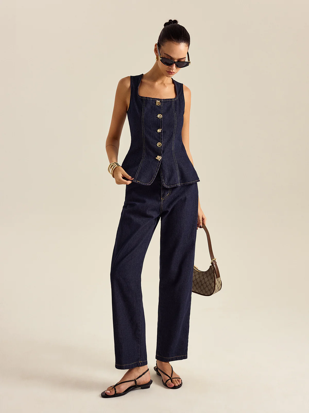 Denim Metal Button Peplum Top and Pants Set