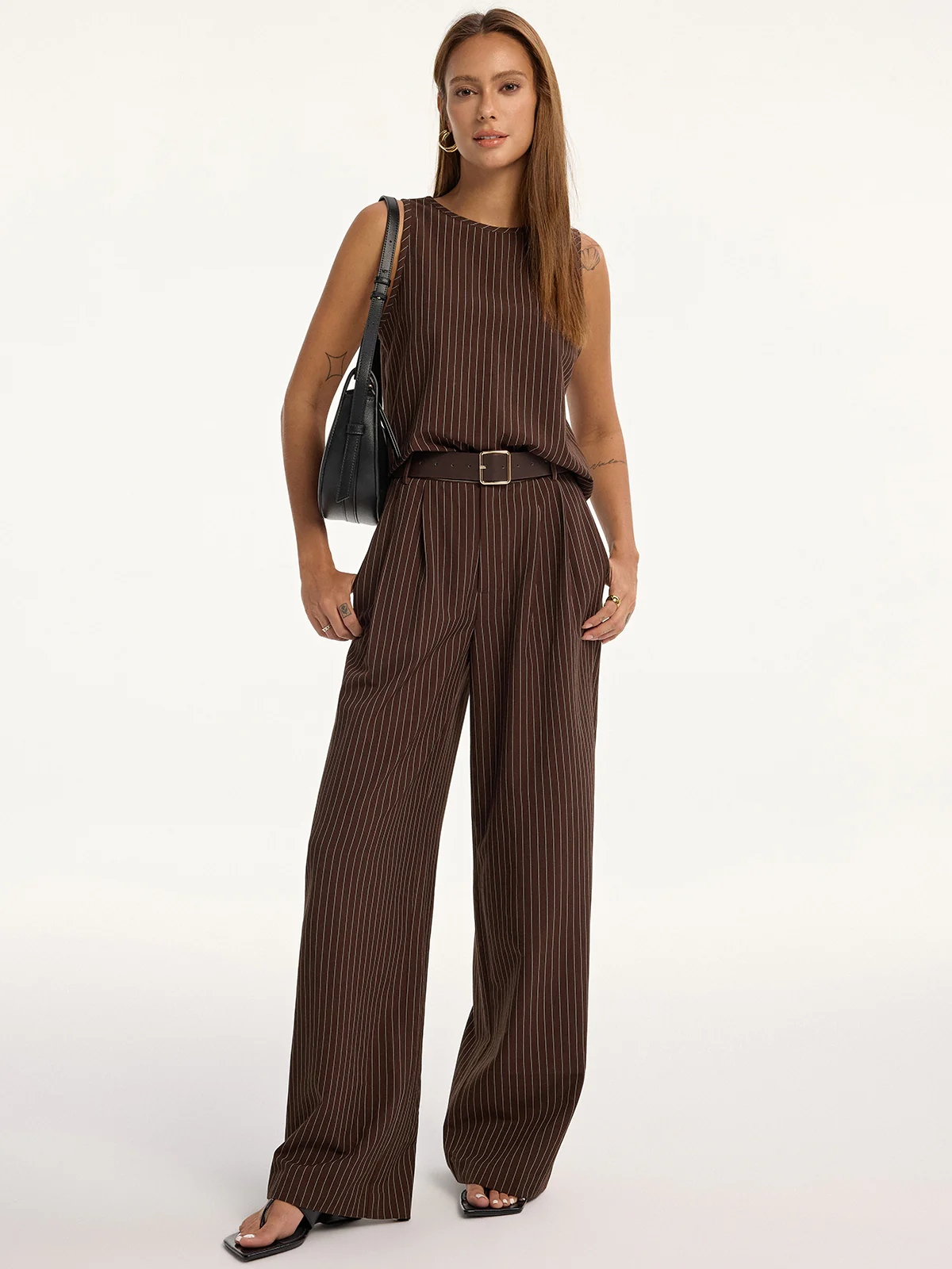Pinstripe Sleeveless Top and Pants Set with Belt