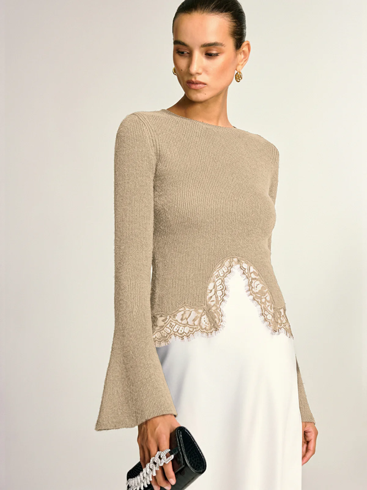 Lace Hem Bell Sleeve Wool Blend Knit Top
