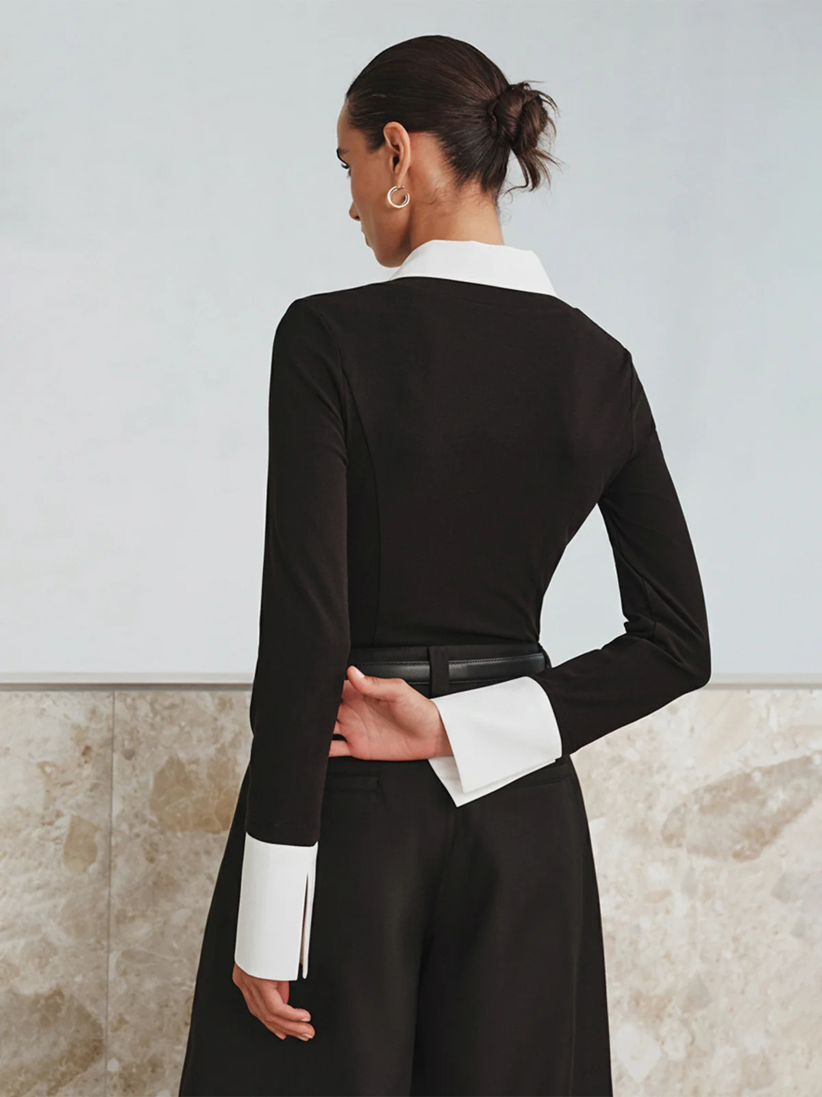 Mock Two-Piece Long-Sleeve Two Tone Polo Top