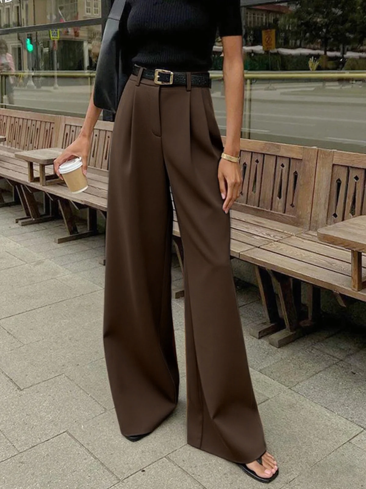 Solid Wide Leg Pants Without Belt