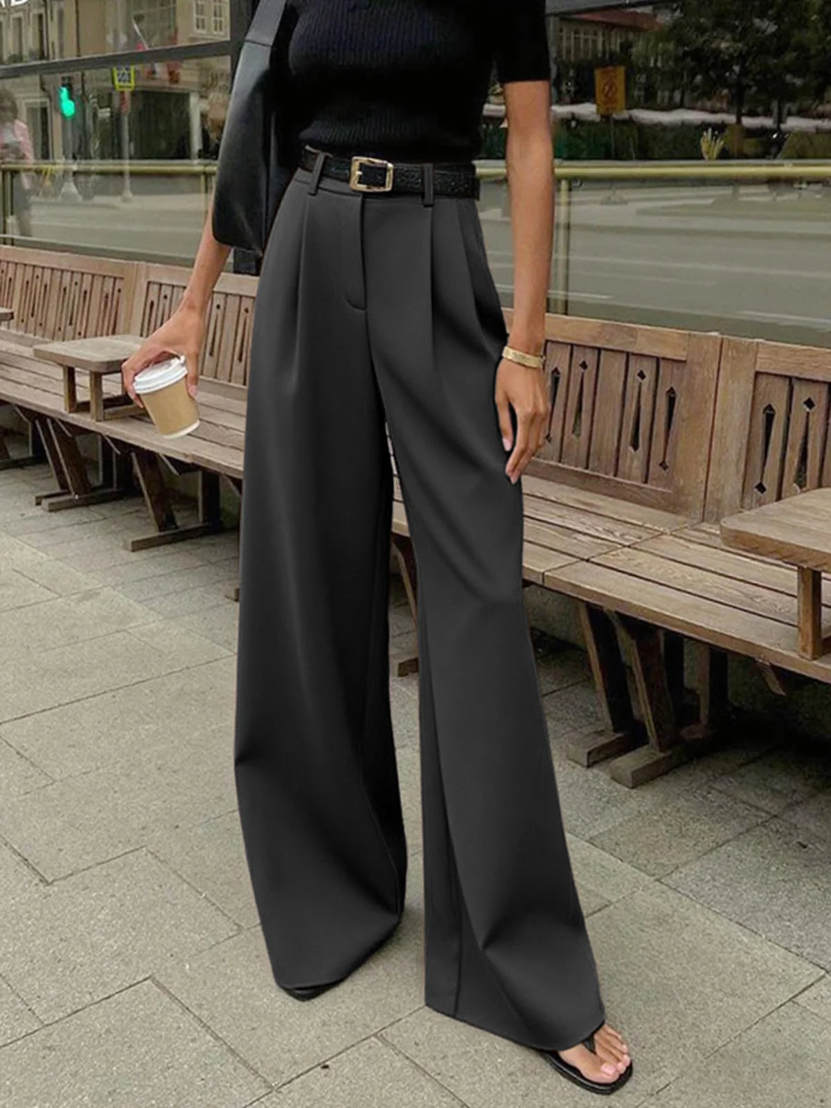 Solid Wide Leg Pants Without Belt