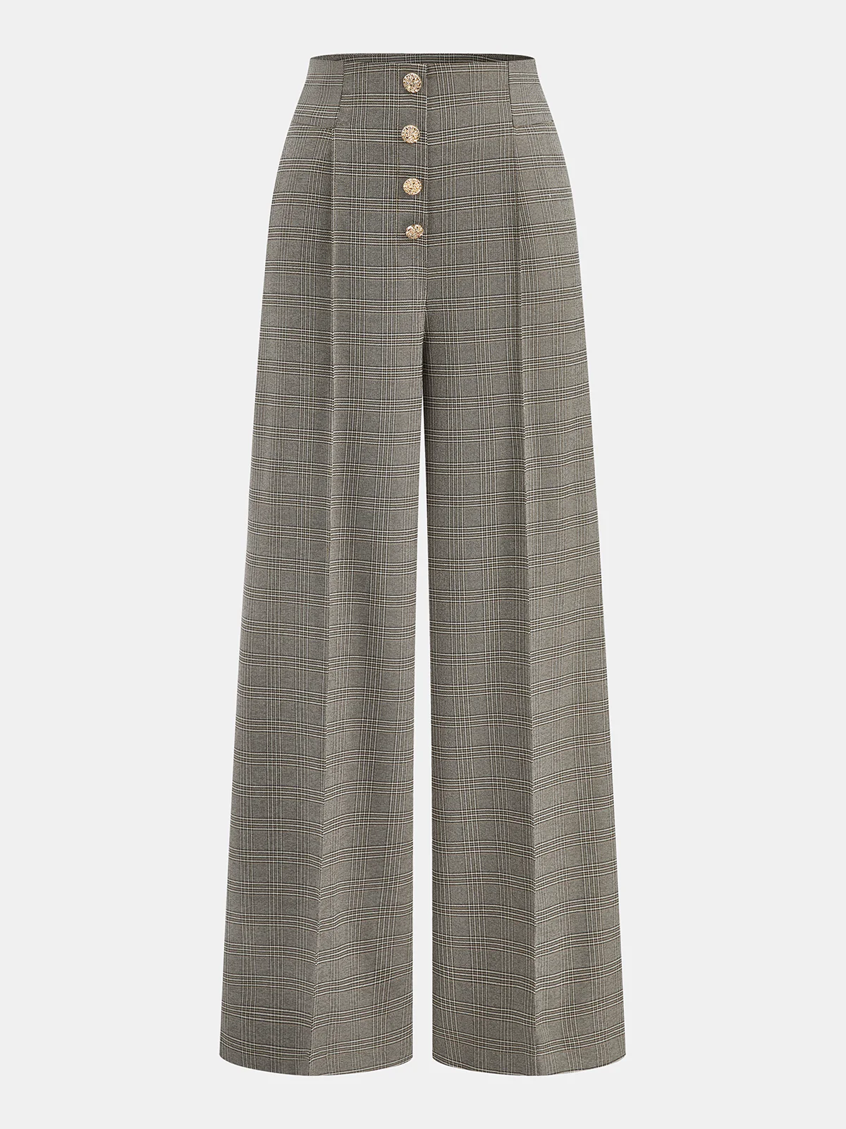 High-Waist Button Detail Plaid Wide-Leg Pants