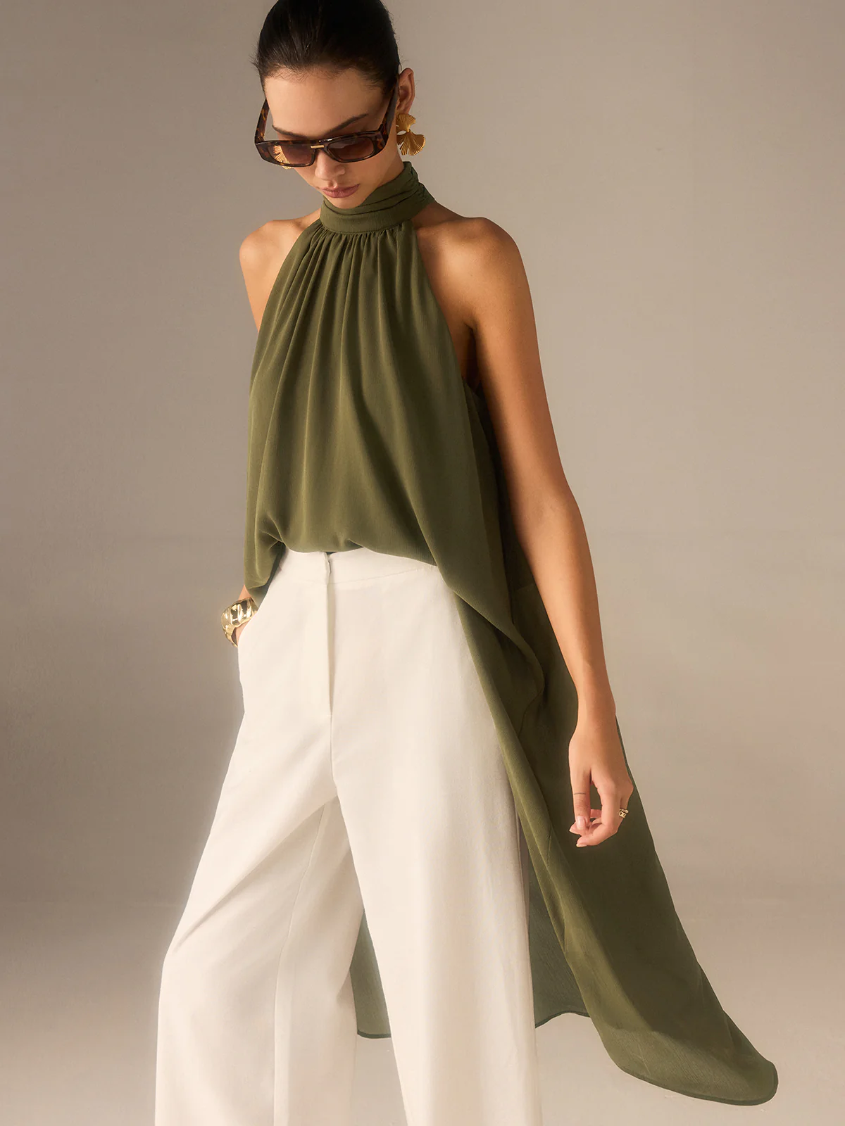 Semi-Sheer Halter-Neck Chiffon Long Top