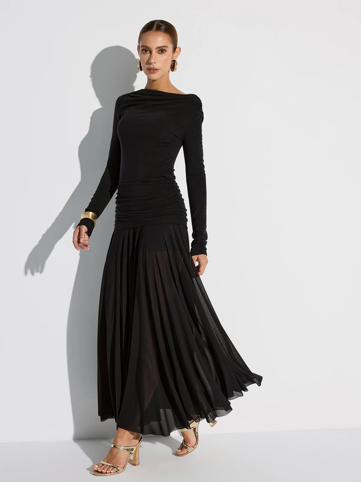 Draped Long Sleeve Top and Mesh Pleated Skirt Set