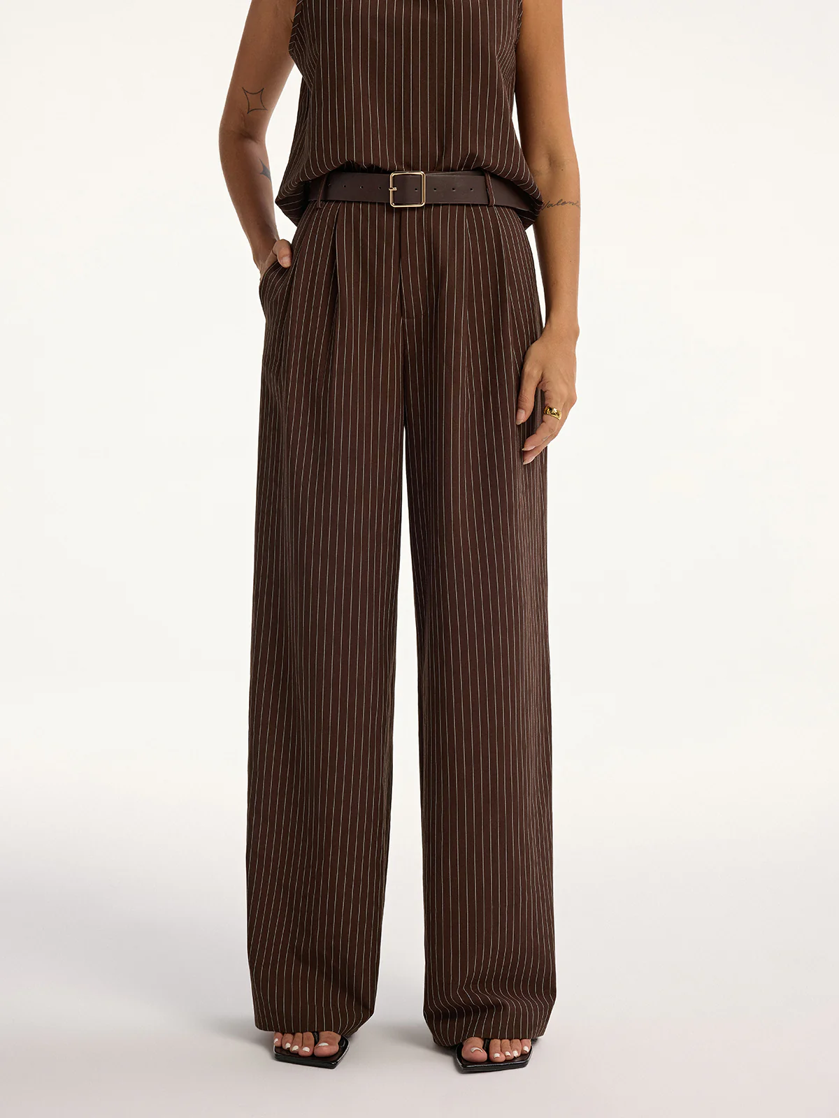 Pinstripe Sleeveless Top and Pants Set with Belt