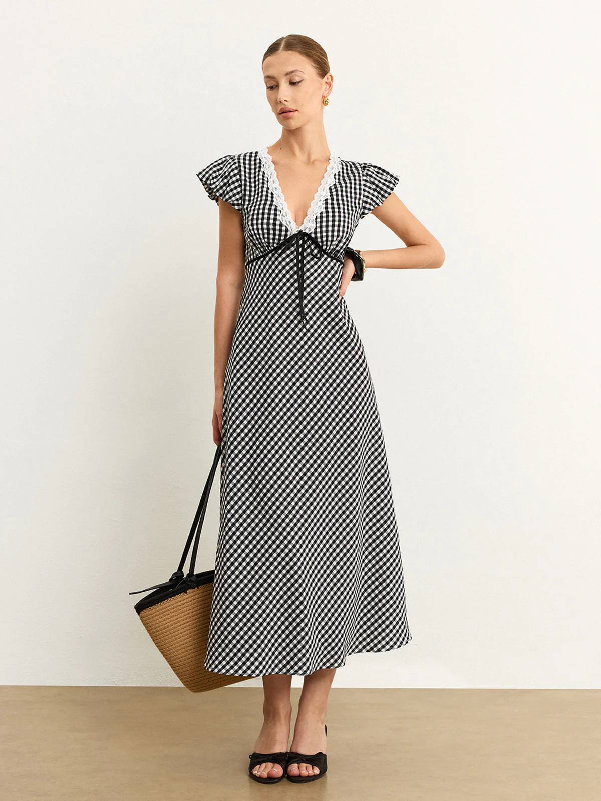 Gingham Lace-Trimmed Midi Dress