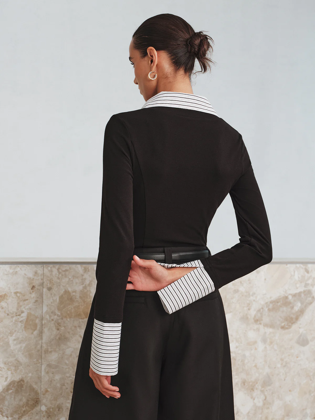 Mock Two-Piece Long-Sleeve Two Tone Polo Top