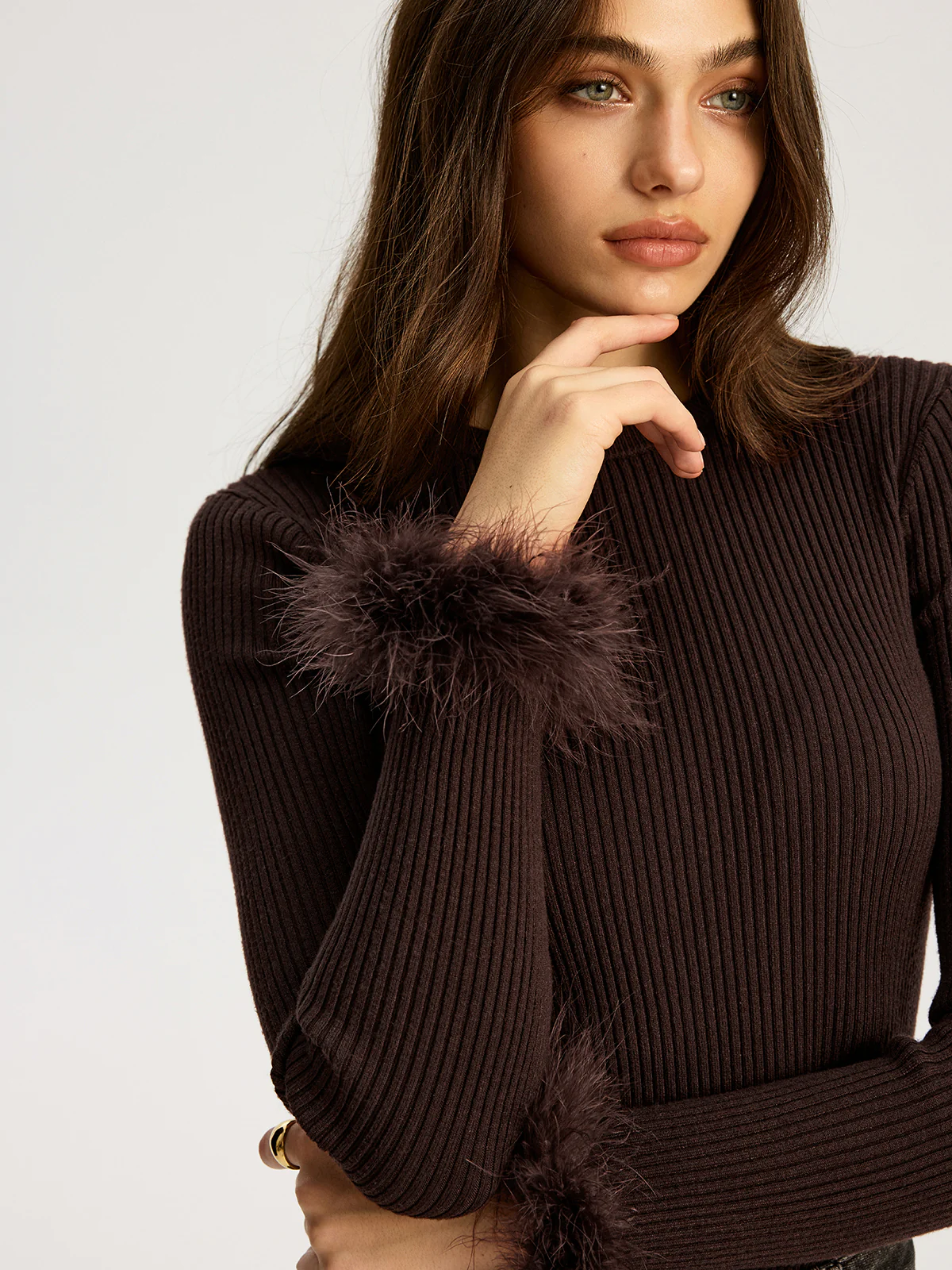 Faux Fur Cuff Ribbed Knit Top