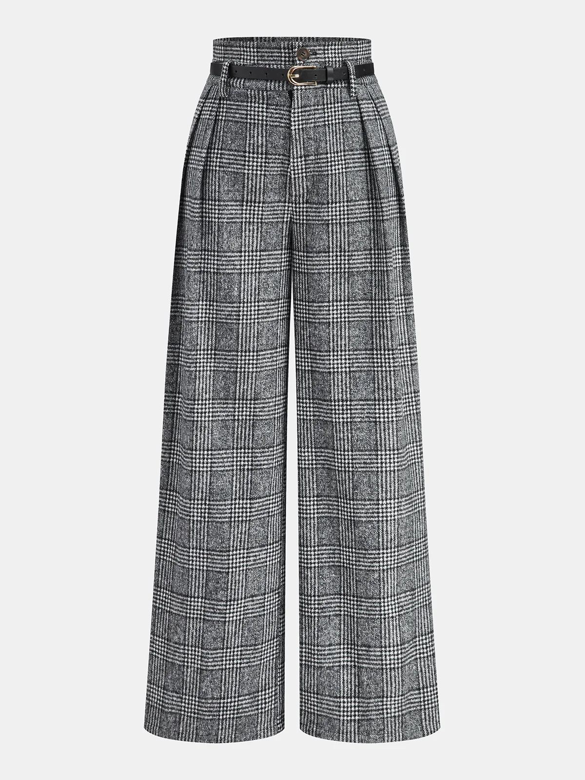 Belted Plaid High-Waisted Pants