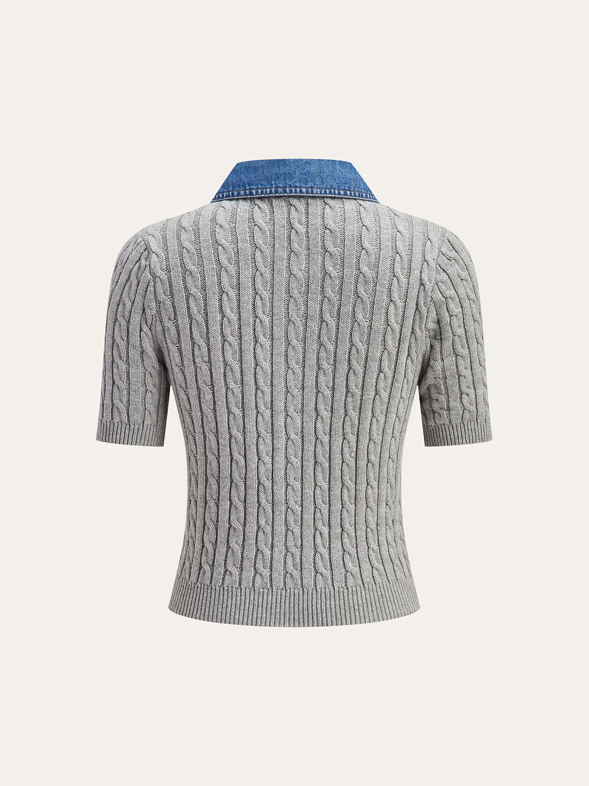 Metal Button Denim Collar Cable-Knit Top