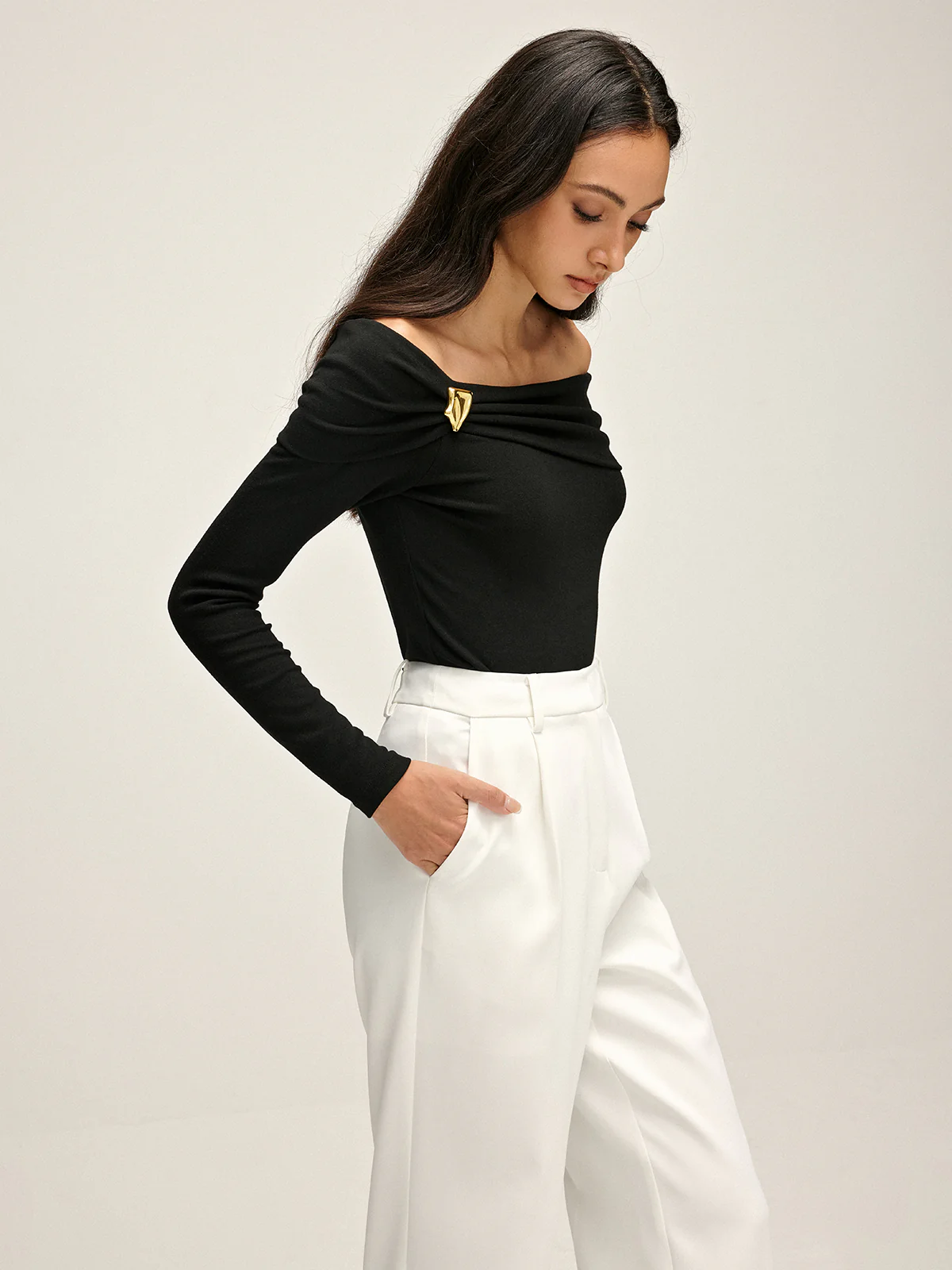 Pleated Off Shoulder T-Shirt